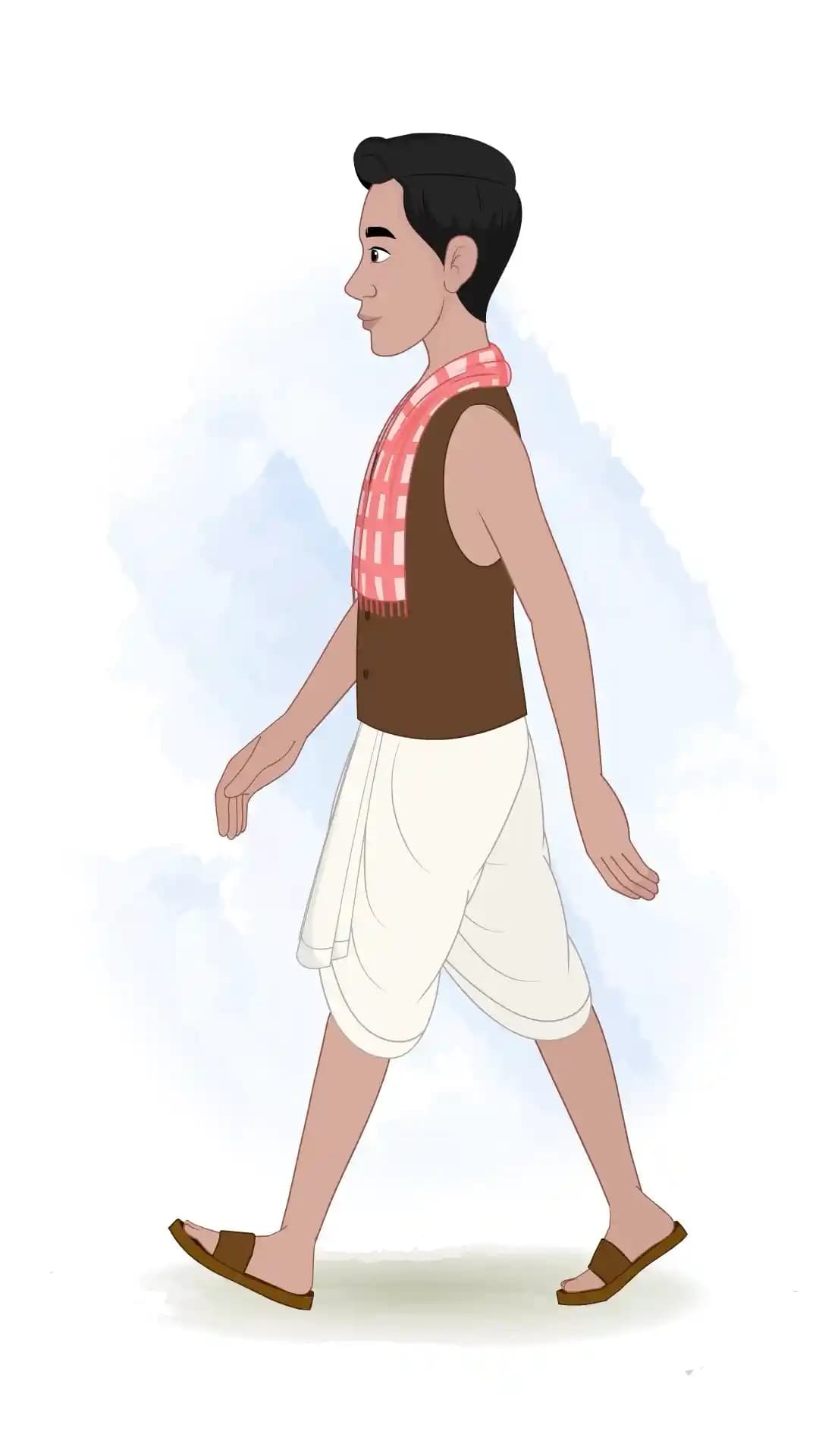 Side view illustration of a poor Indian man in a brown vest and white dhoti, with a red-checked cloth draped around his neck, confidently walking in a classic side-walk pose AKA Ram charan