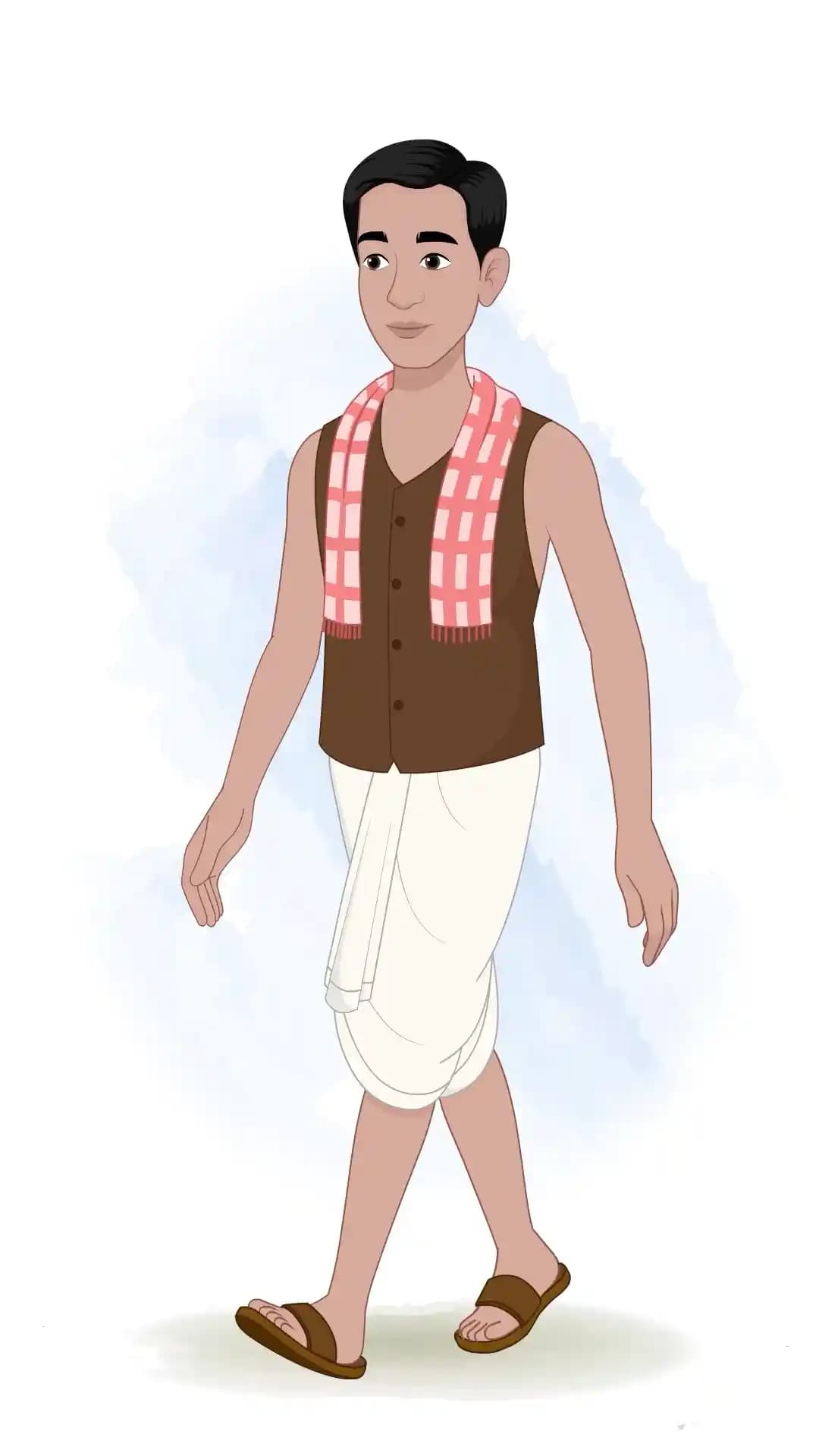 Three-quarter view of a poor Indian man wearing a brown vest, white dhoti, and red-checked cloth draped around his neck, walking forward in a relaxed one-third perspective AKA Ram charan