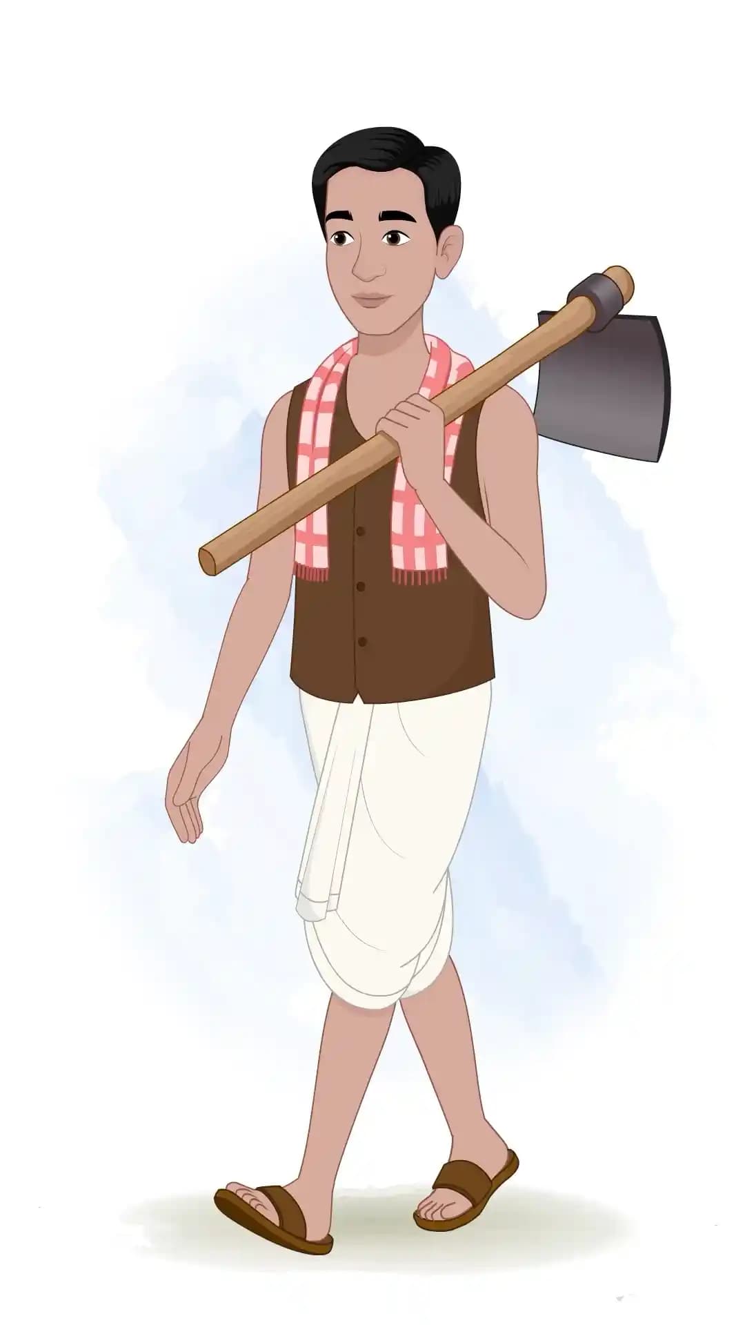Three-quarter view of a poor Indian man dressed in a brown vest and white dhoti, carrying a spade over his shoulder as he walks forward in a one-third perspective against a soft watercolor backdrop AKA Ram charan