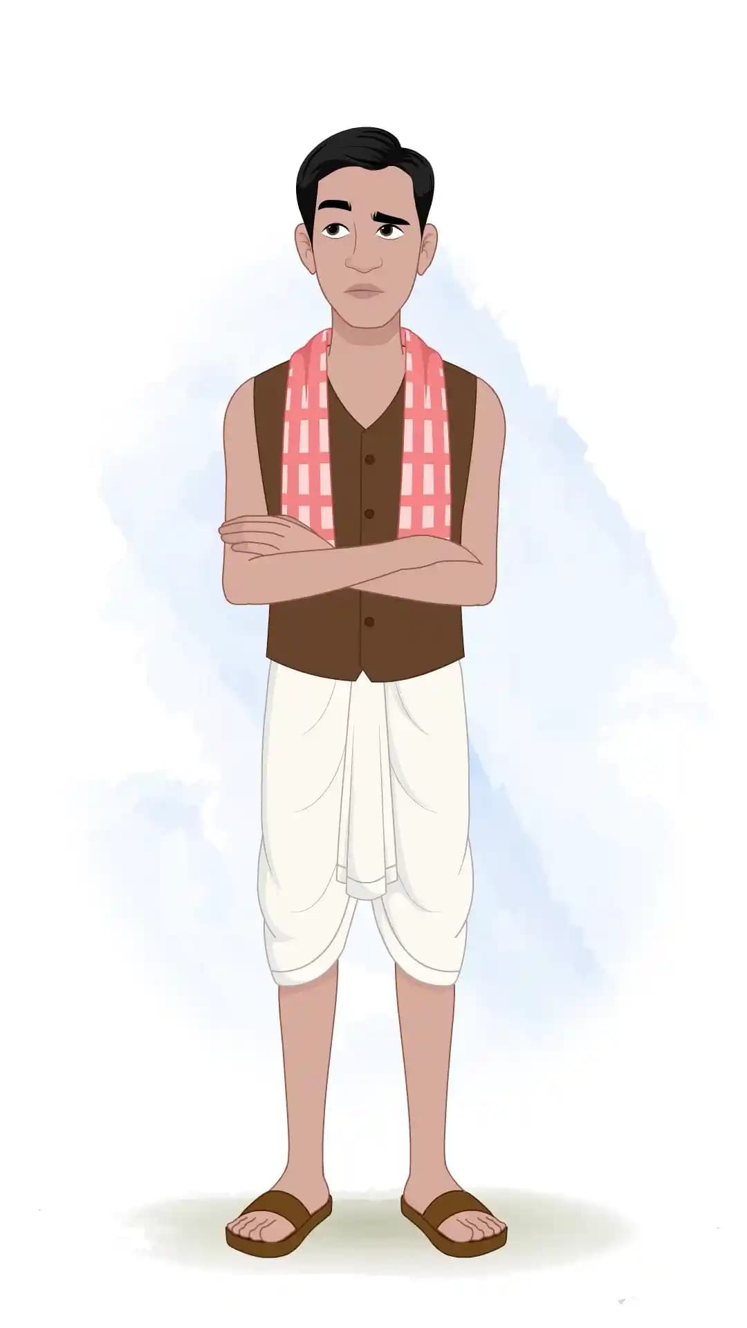 Front-facing illustration of a poor Indian man in a brown vest and white dhoti, arms crossed and brows furrowed in a puzzled, confused expression against a soft watercolor backdrop AKA Ram charan