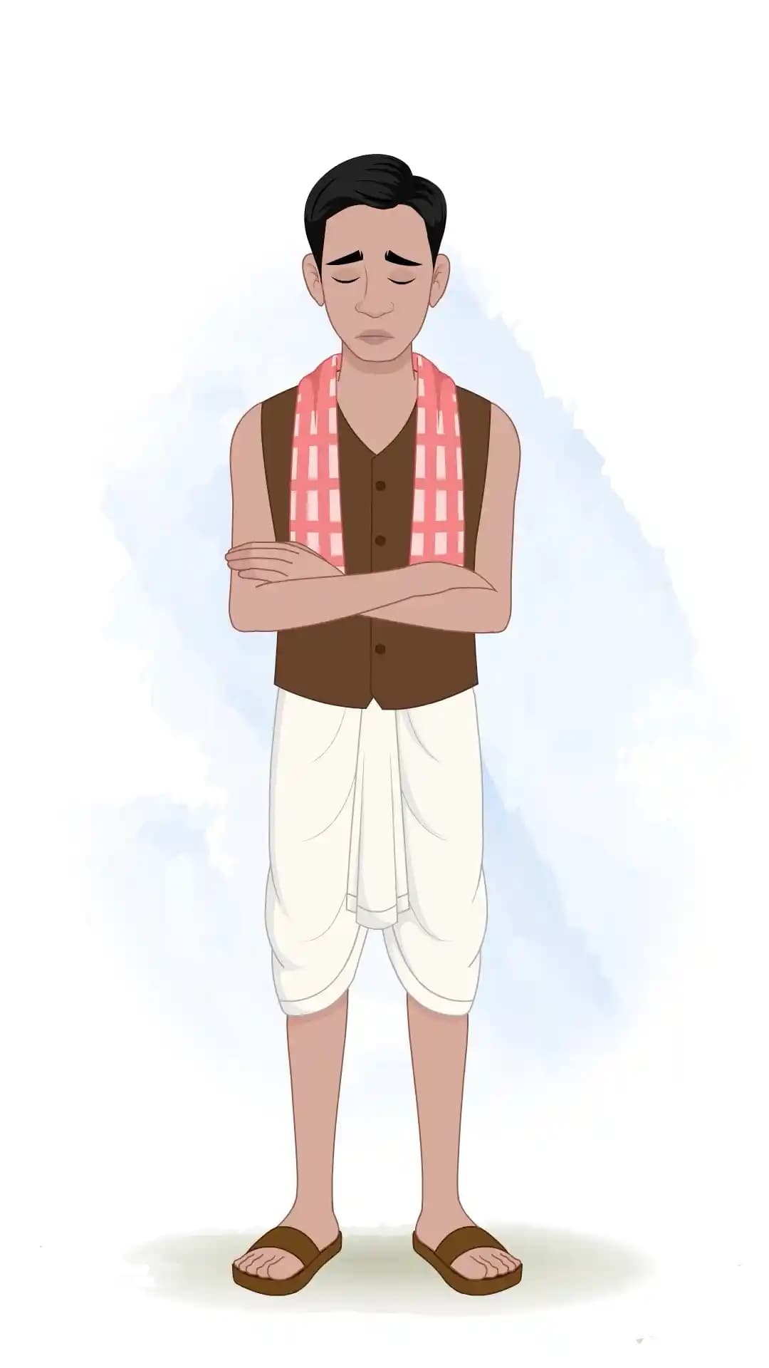 Front-facing illustration of a poor Indian man in a brown vest and white dhoti, arms crossed with a sorrowful expression and downcast eyes against a soft watercolor backdrop AKA Ram charan