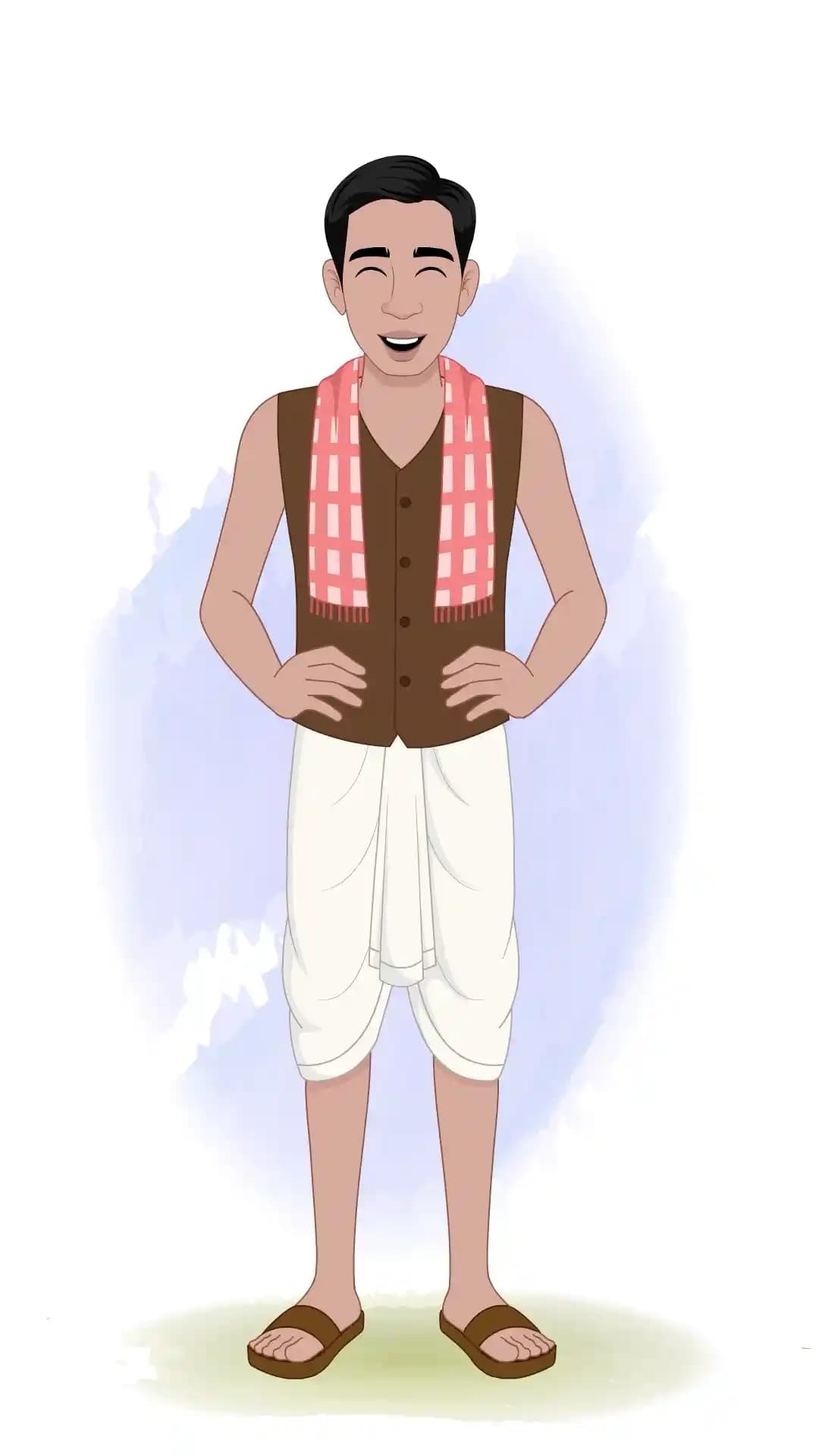 Front-facing view of a poor Indian man in a brown vest and white dhoti, standing with hands on hips and eyes closed in hearty laughter, set against a soft blue watercolor backdrop AKA Ram charan