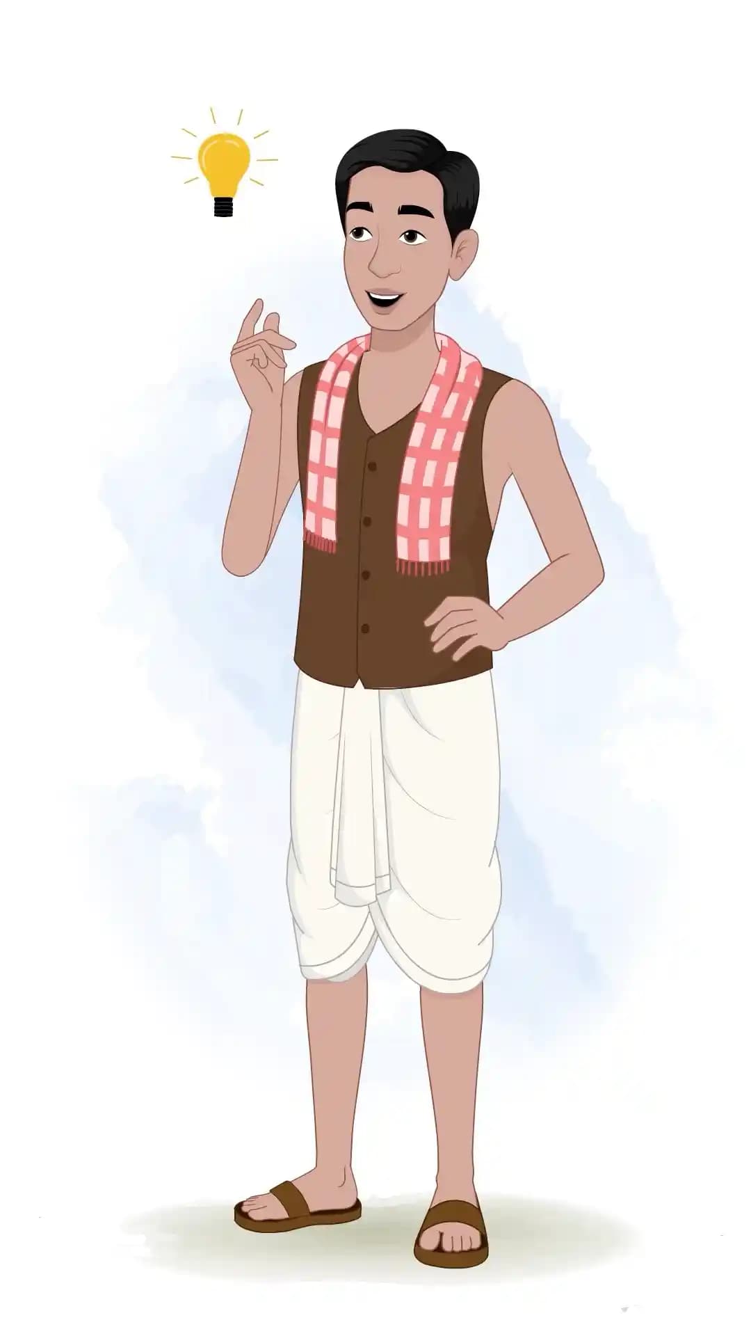 Three-quarter view of a poor Indian man in a brown vest and white dhoti, finger raised to his temple with a thoughtful expression and a lightbulb icon above his head, set against a soft watercolor backdrop AKA Ram charan