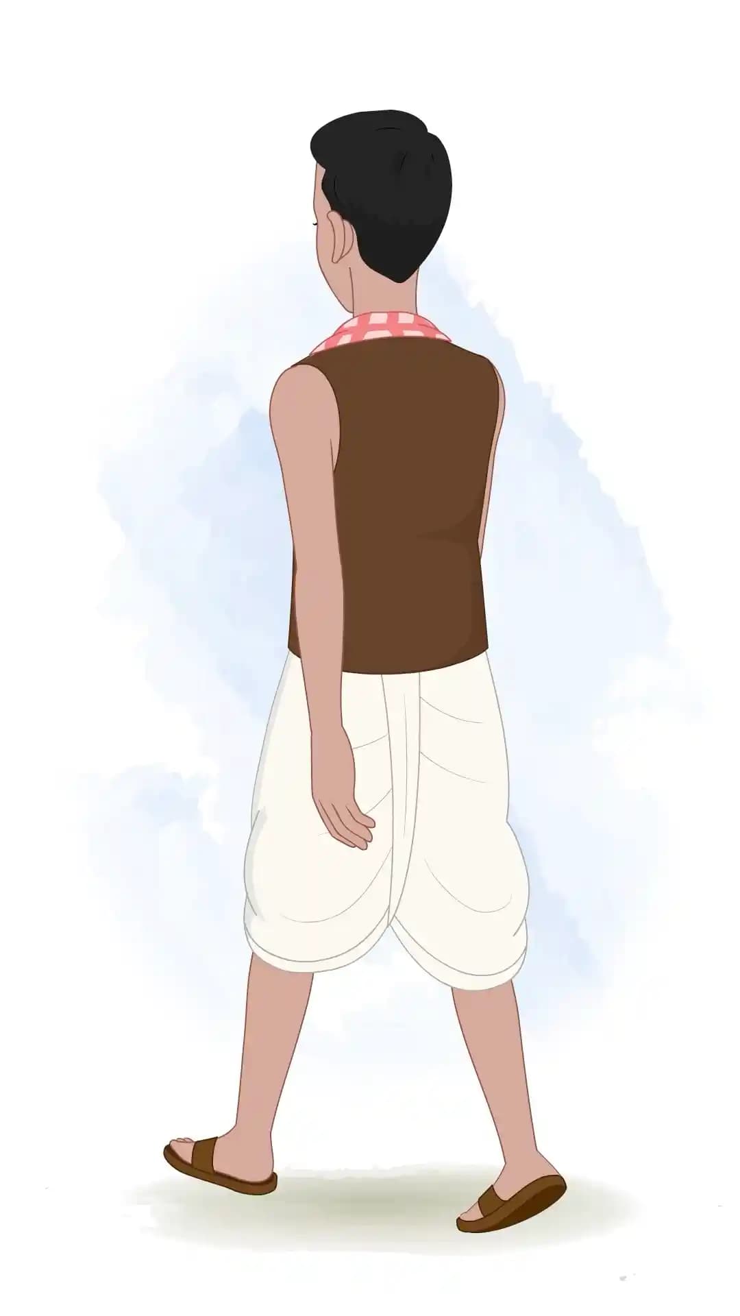 Back three-quarter view of an Indian rural man in traditional dhoti and vest taking a casual stride away, showcasing a natural walking pose for animation or illustration AKA Ram charan