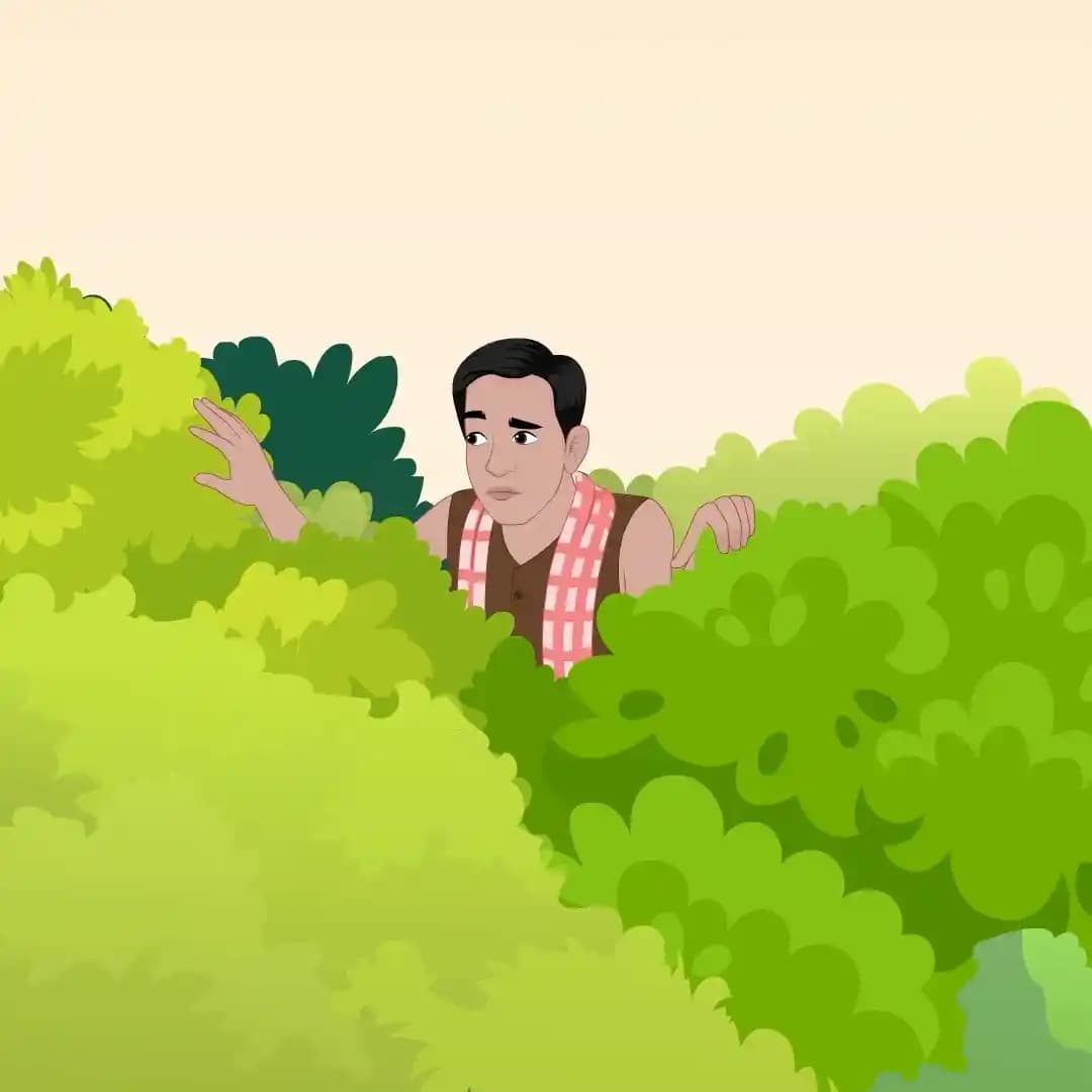 Illustration of an Indian poor man in traditional dhoti and vest peeking out from behind dense green bushes with a cautious, stealthy expression AKA Ram charan