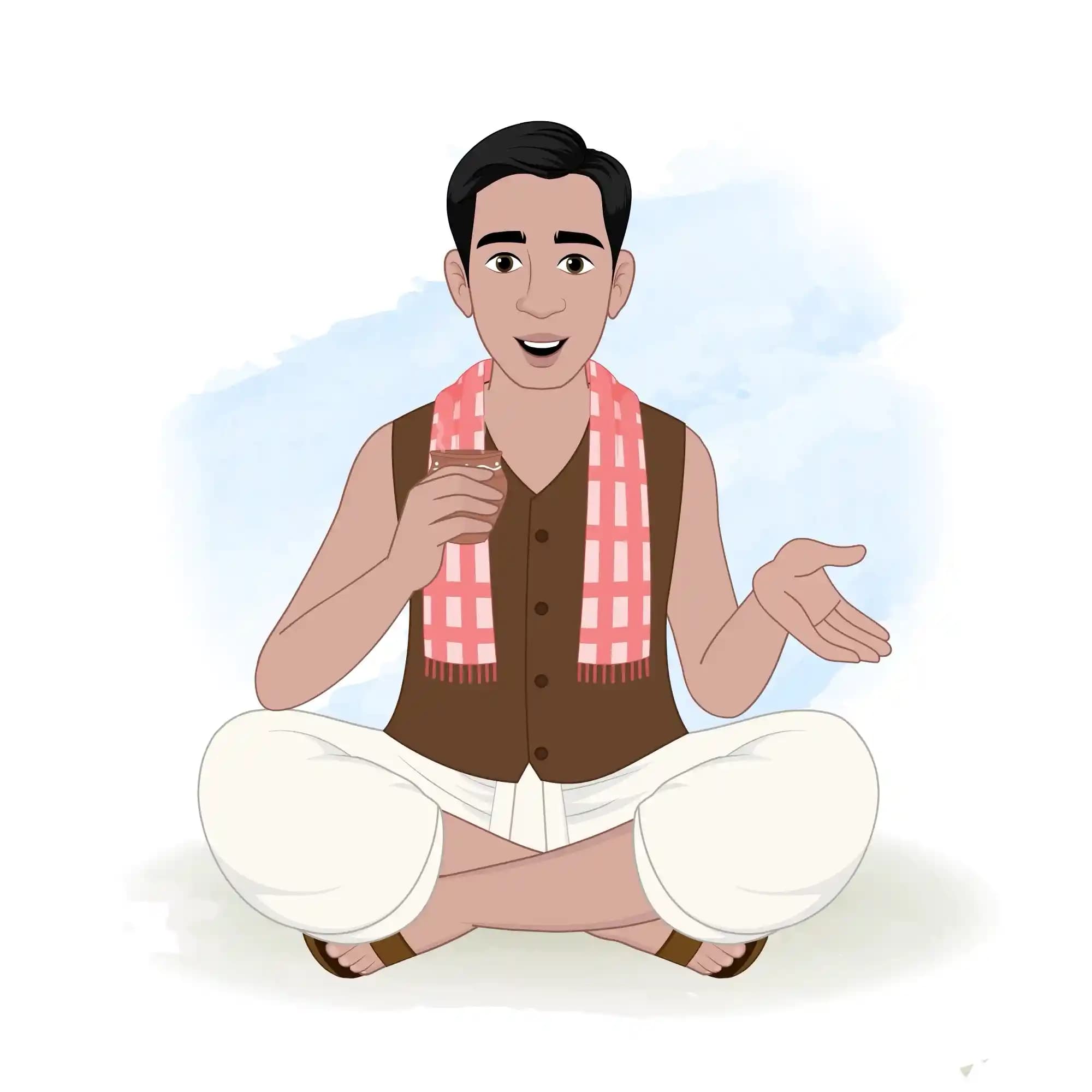 Illustration of an Indian poor man sitting cross-legged in traditional dhoti and vest, holding a clay kulhad of tea and engaging in conversation from a frontal view AKA Ram charan