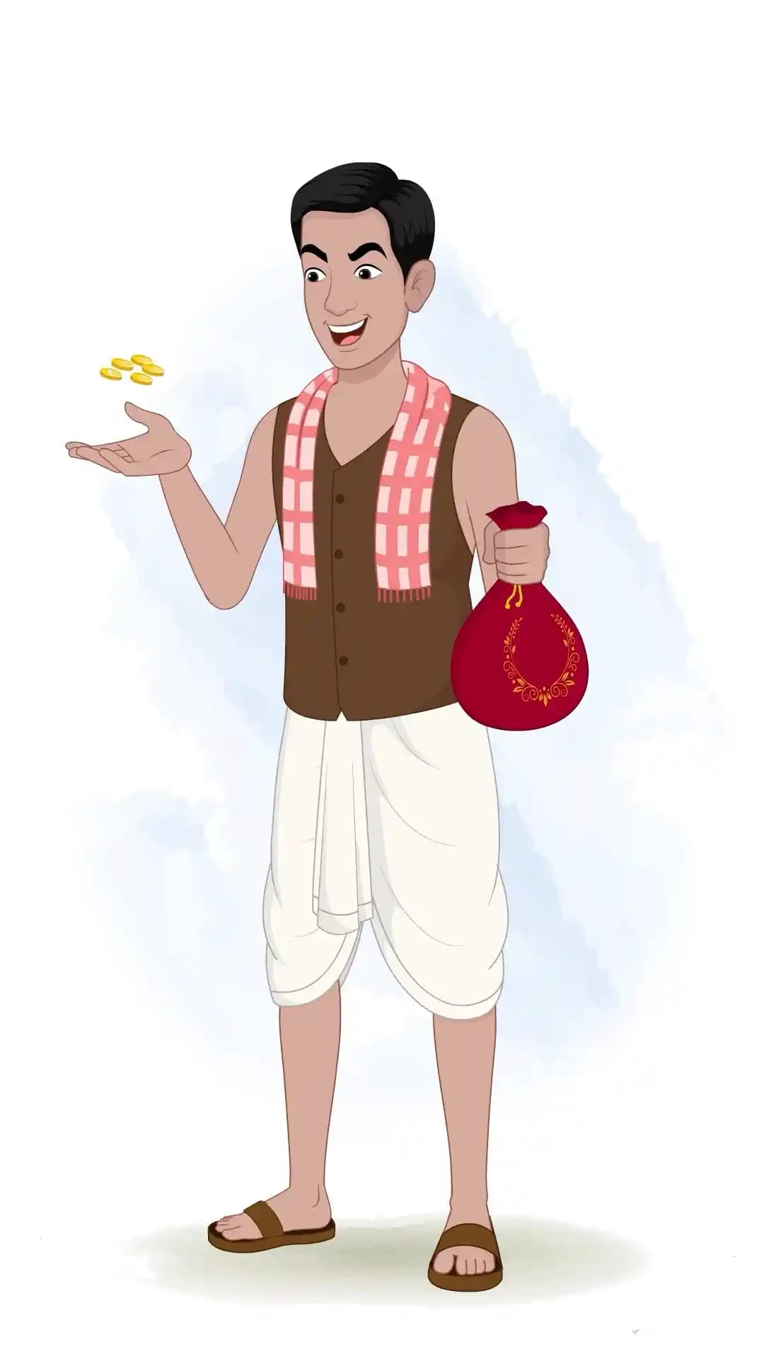 Illustration of an Indian poor man in dhoti and vest holding a red potli of gold coins in one hand while tossing coins greedily with an excited grin, front view AKA Ram charan