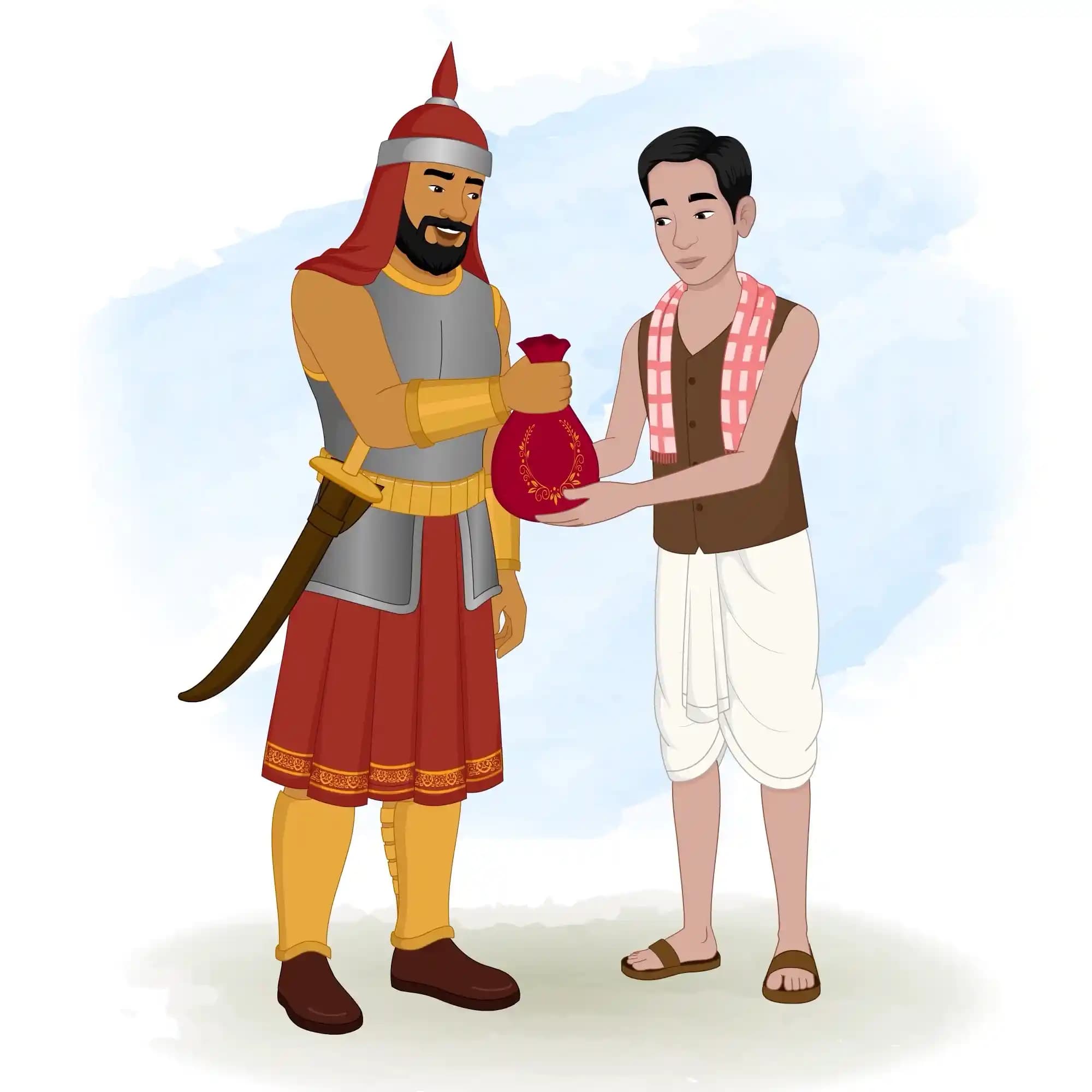Illustration of a soldier handing over a heavy red potli (sack) of gold coins to an Indian poor man in traditional dhoti and vest, both smiling during the transaction AKA Ram charan