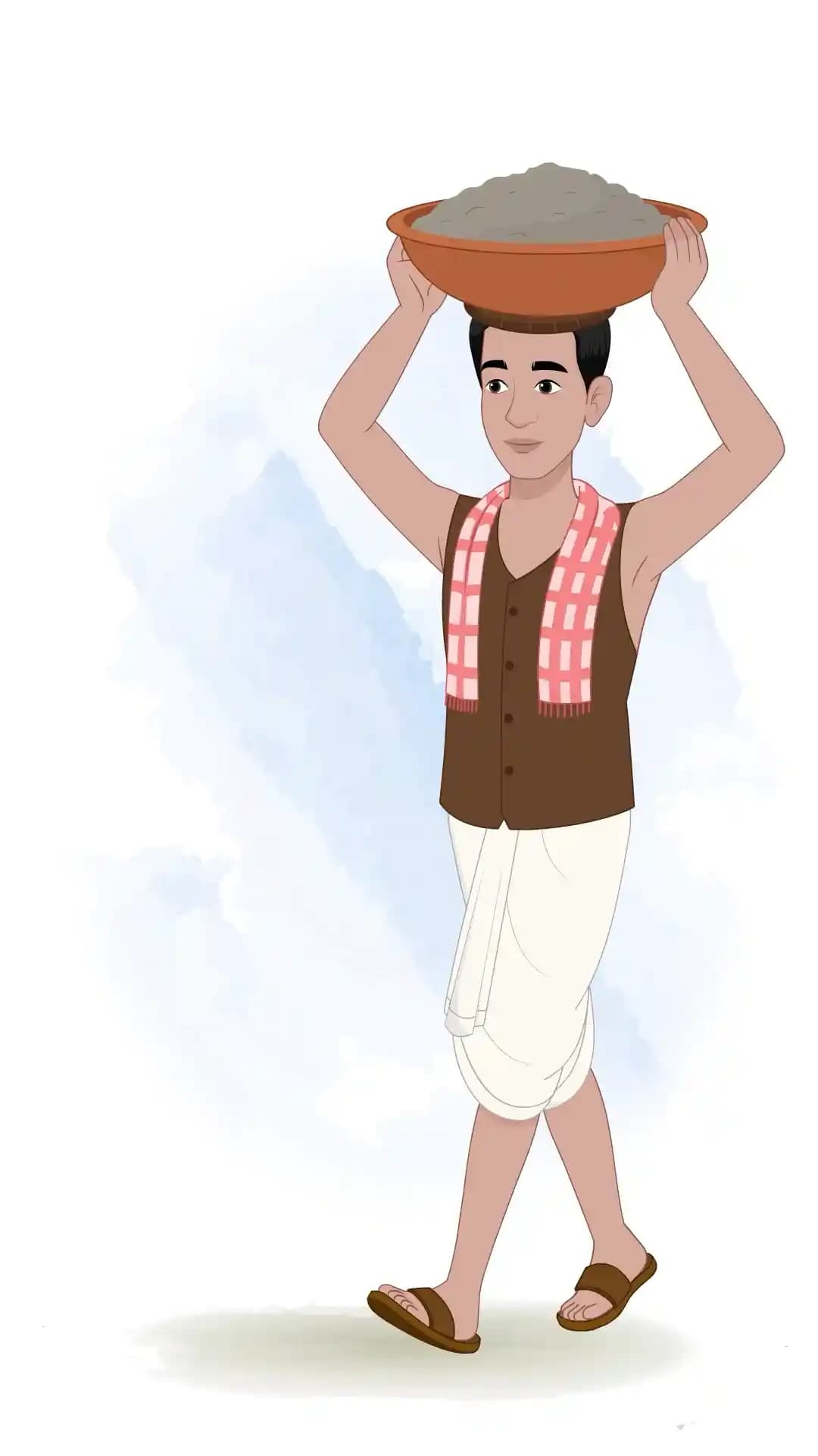 Illustration of an Indian poor man in dhoti and vest carrying a large bowl of dirt on his head while walking, three-quarter rear view AKA Ram charan