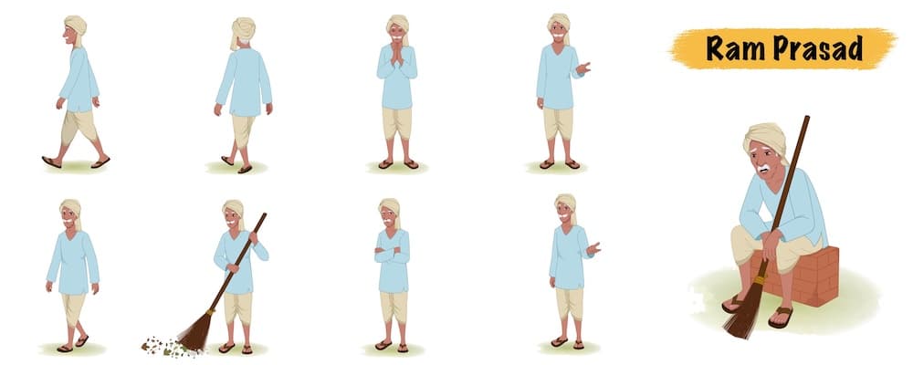 An old poor Indian man animated vector cartoon character AKA Ram prasad