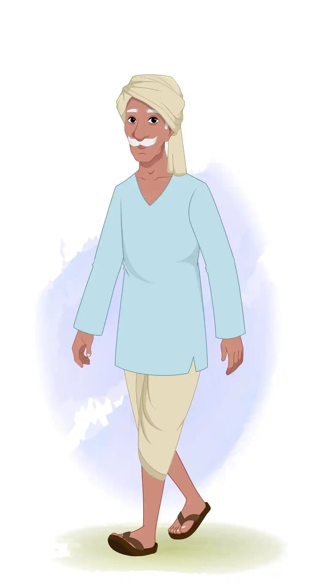 An Indian Old Poor Man One Third Walking Animated Vector Cartoon Character AKA ram prasad