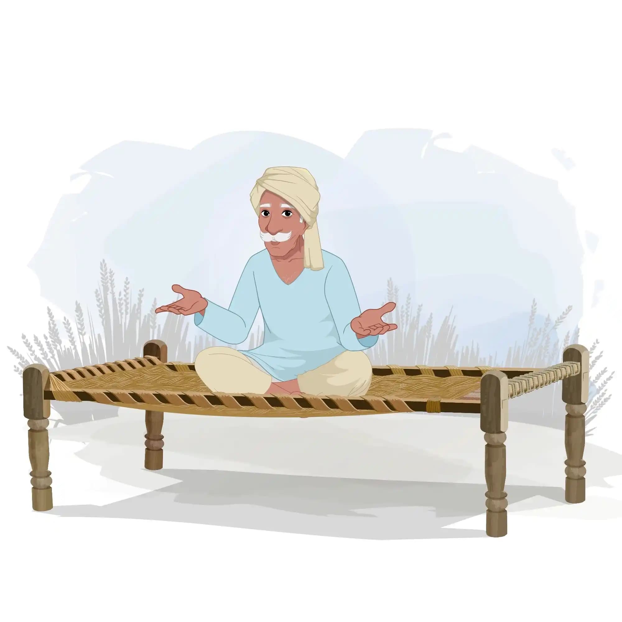 An Indian Old Man Sitting on Charpai and talking Animated  Vector Cartoon Character AKA Ram prasad