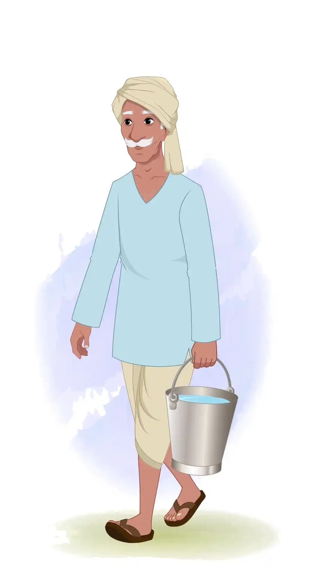 An Indian Old Poor Man Walking with Water Bucket Animated Vector Cartoon Character AKA Ram prasad