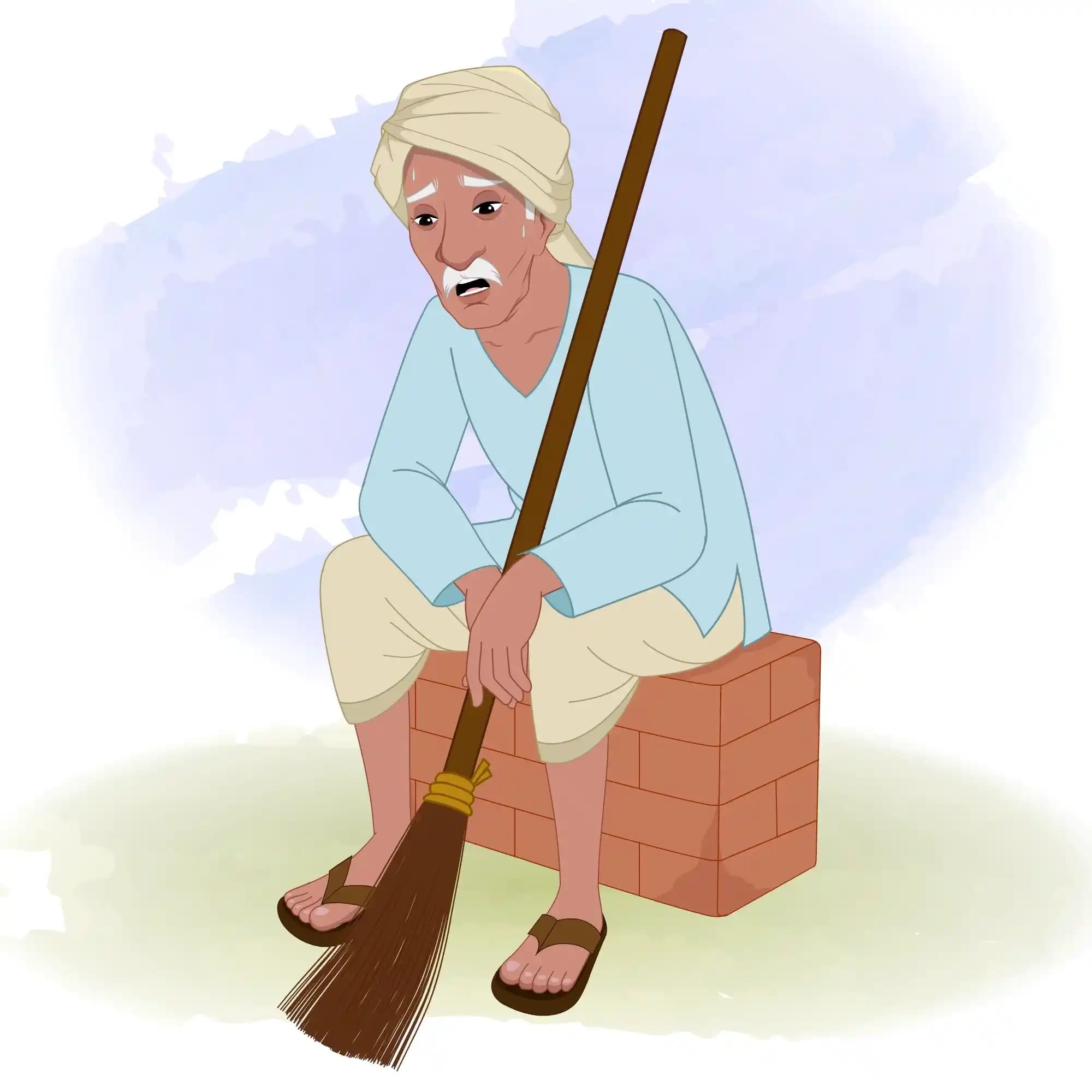 An Indian Old Tired Sweeper Animated Vector Cartoon Character AKA Ram prasad