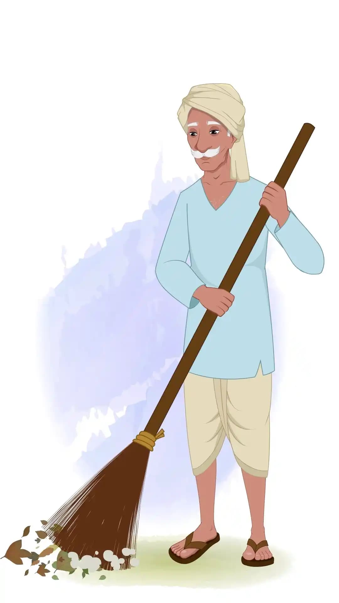 An Indian Old Poor Man Sweeping the Ground Animated Vector Cartoon Character AKA Ram prasad