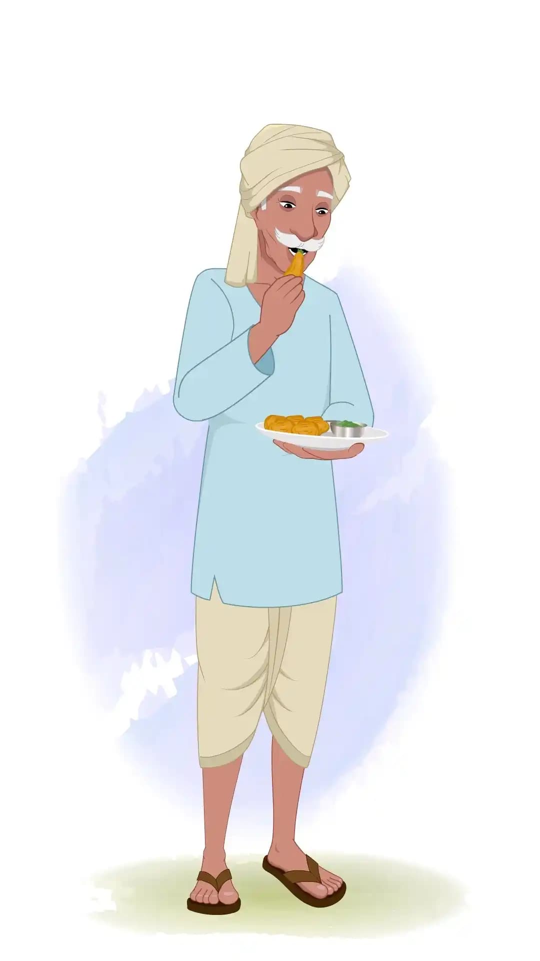 An Indian Old Poor Man Eating Snacks from Plate Animated Vector Cartoon Character AKA Ram prasad