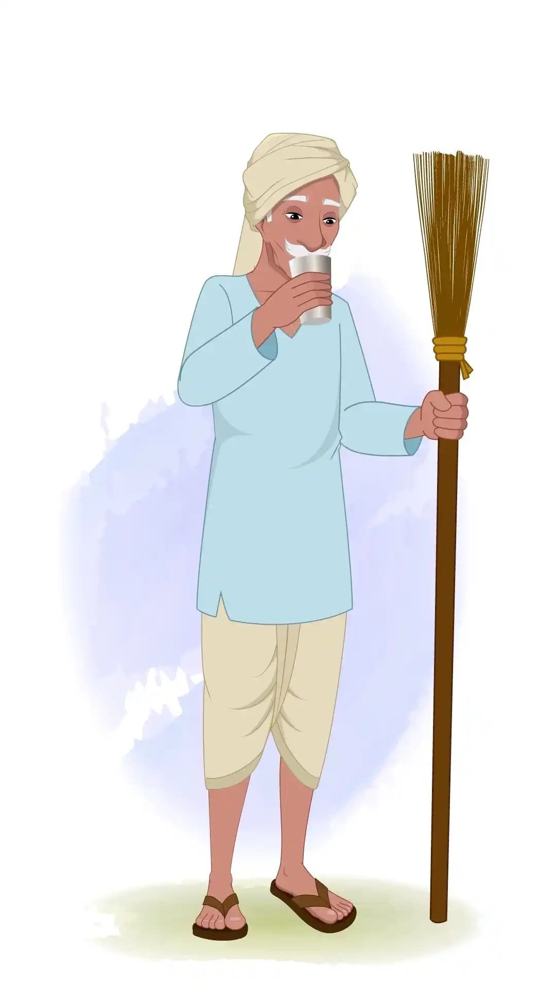 An Indian Old Sweeper Drinking Water Animated Vector Cartoon Character AKA Ram prasad