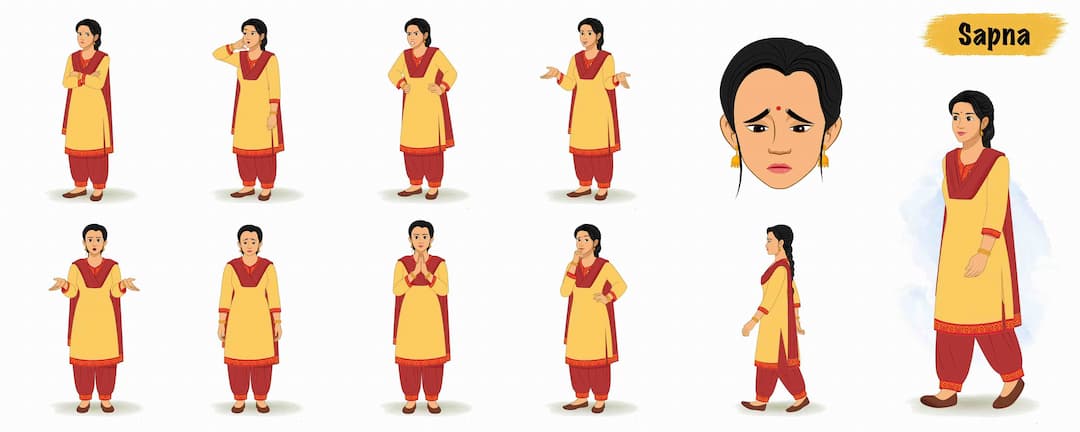 Young Indian woman animated vector cartoon character model sheet AKA Sapna
