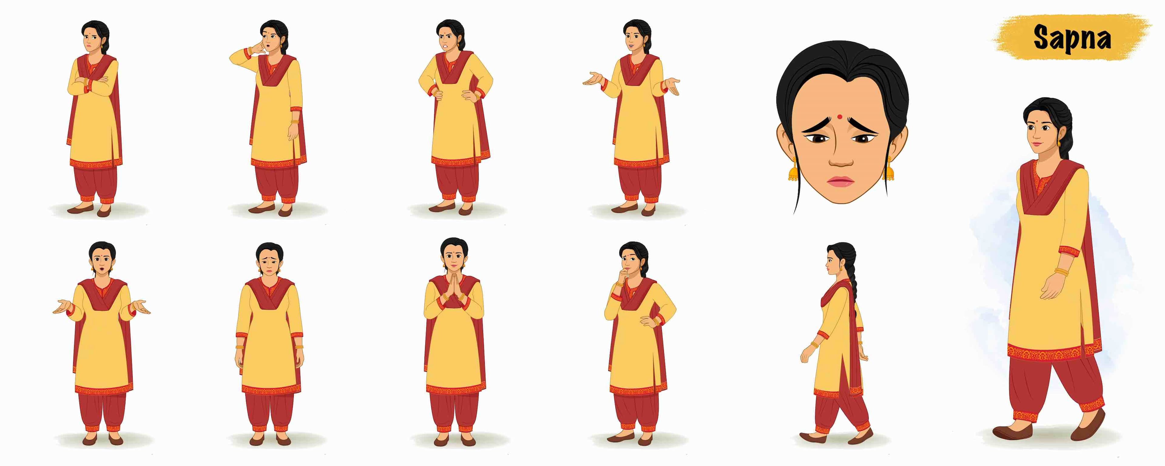Young Indian woman animated vector cartoon character model sheet