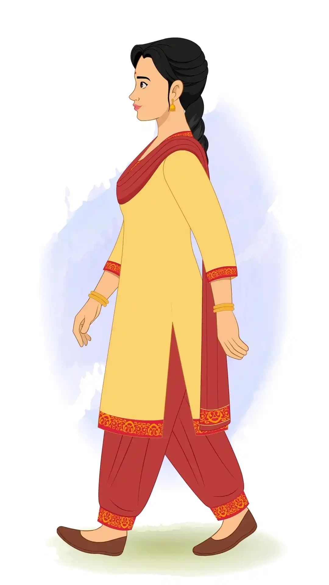 A young Indian woman side walking animated character cartoon vector AKA Sapna