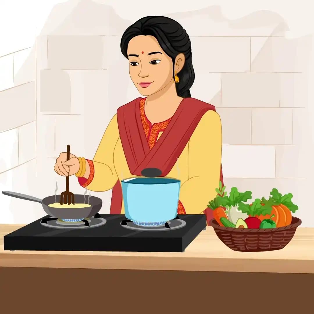 A young Indian woman cooking animated character cartoon vector AKA Sapna
