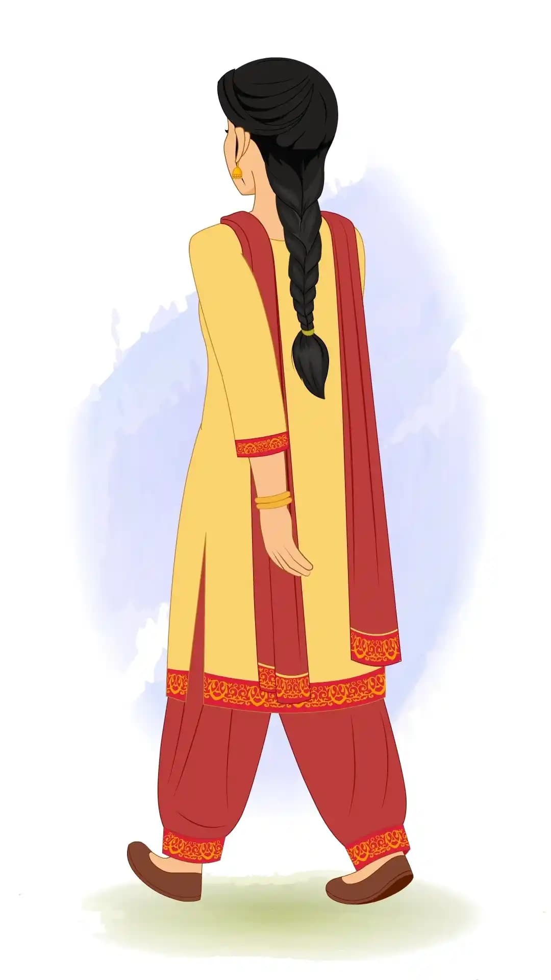 A young Indian woman walking in back third. view animated character cartoon vector AKA Sapna