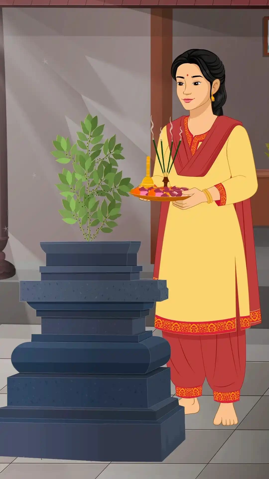 An Indian elder woman performing Tulsi pooja animated vector cartoon character AKA Sapna