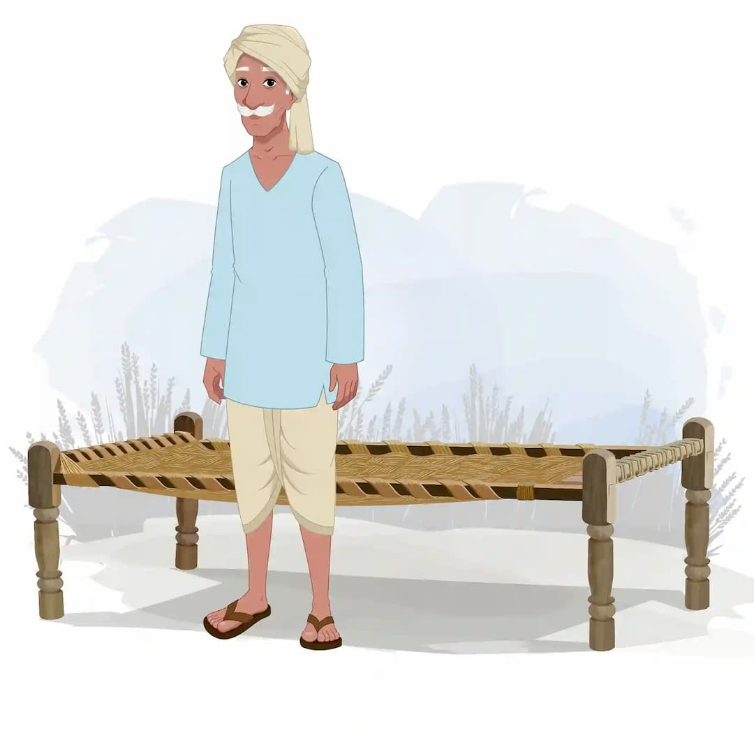 An Indian Old Man Sitting on Charpai & then Stand Animated Vector Cartoon Character AKA ram prasad