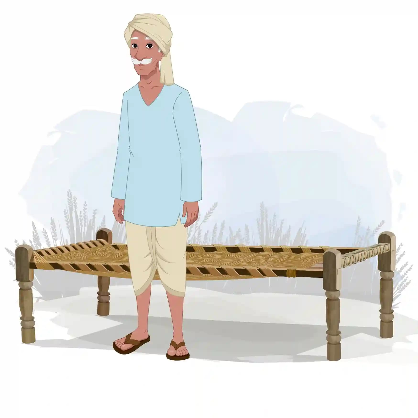 An Indian Old Man Sitting on Charpai & then Stand Animated Vector Cartoon Character AKA ram prasad