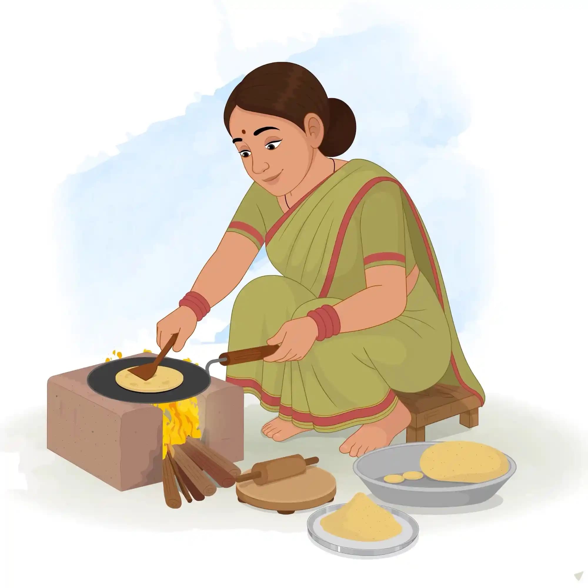 An Indian Palace Maid Cooking Animated Vector Cartoon Character AKA Bhagwati