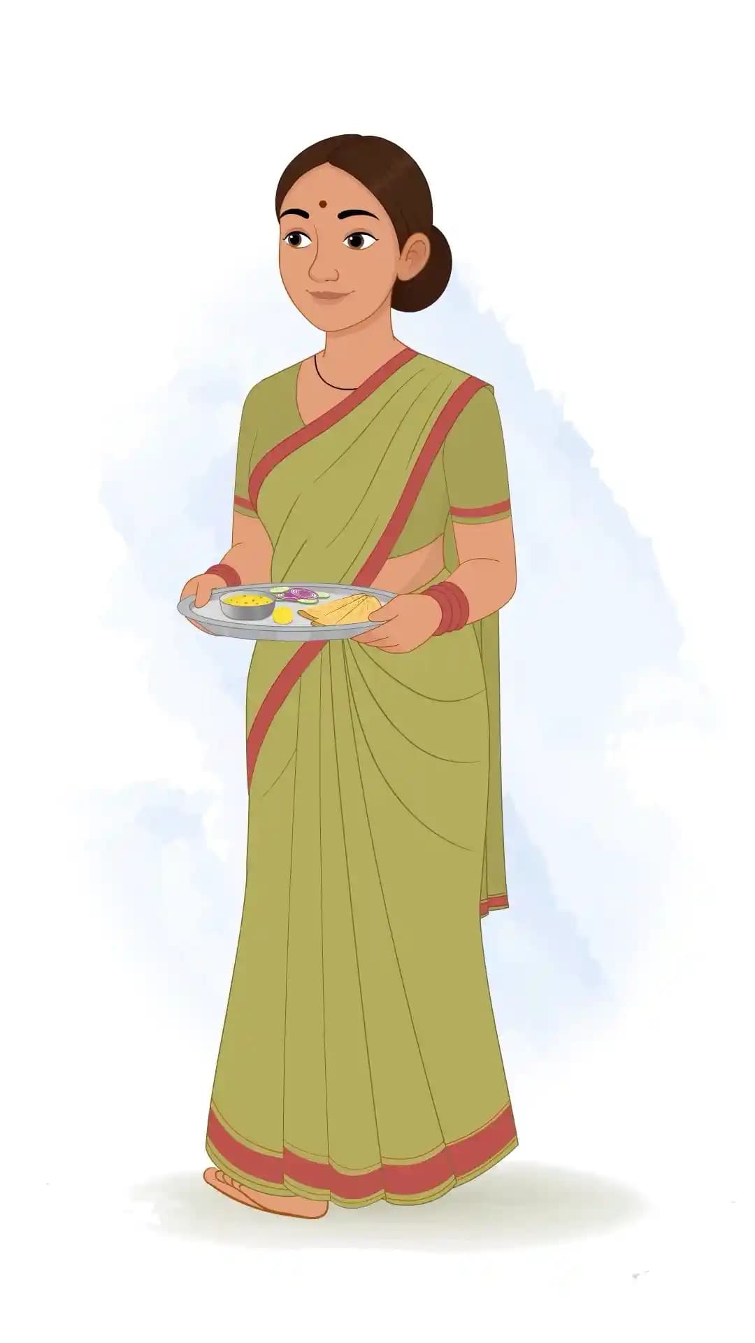 An Indian Palace Maid One Third Walk With Thali Animated Vector Cartoon Character AKA Bhagwati