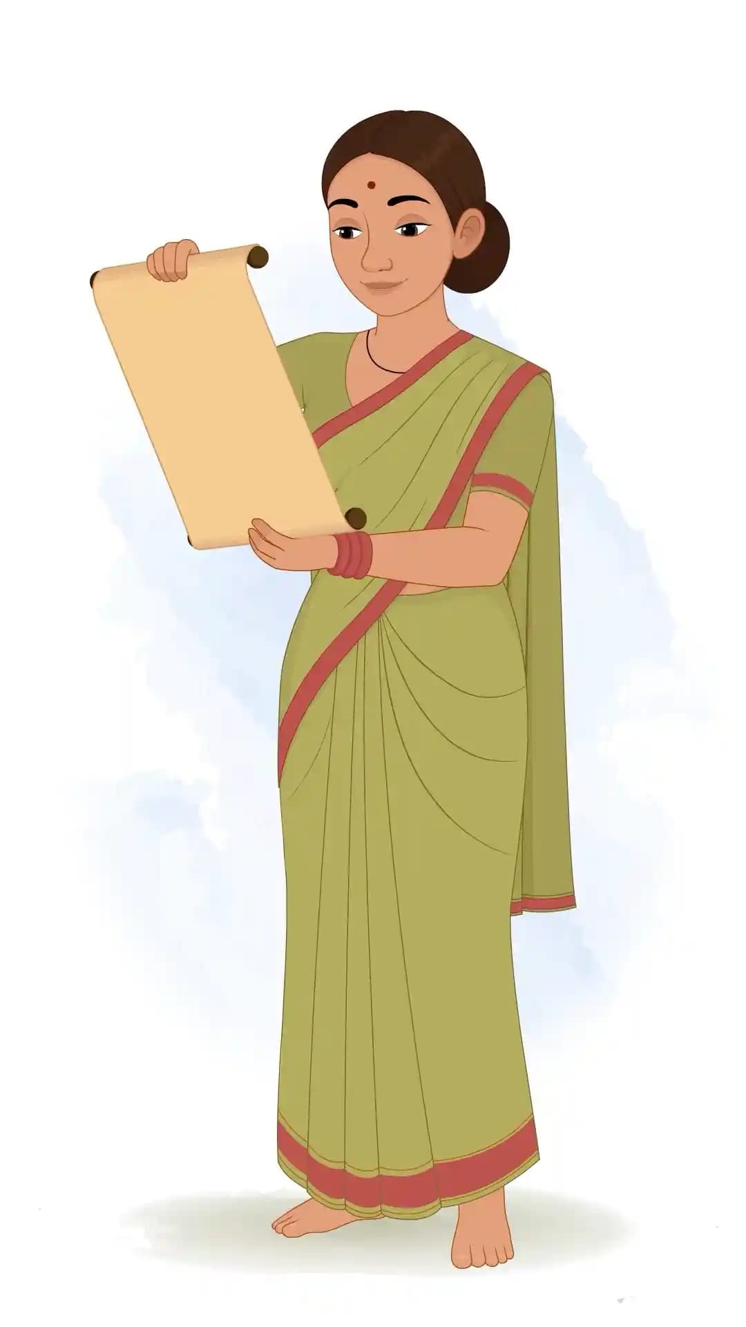 An Indian Palace Maid Reading Scroll Animated Vector Cartoon Character AKA Bhagwati