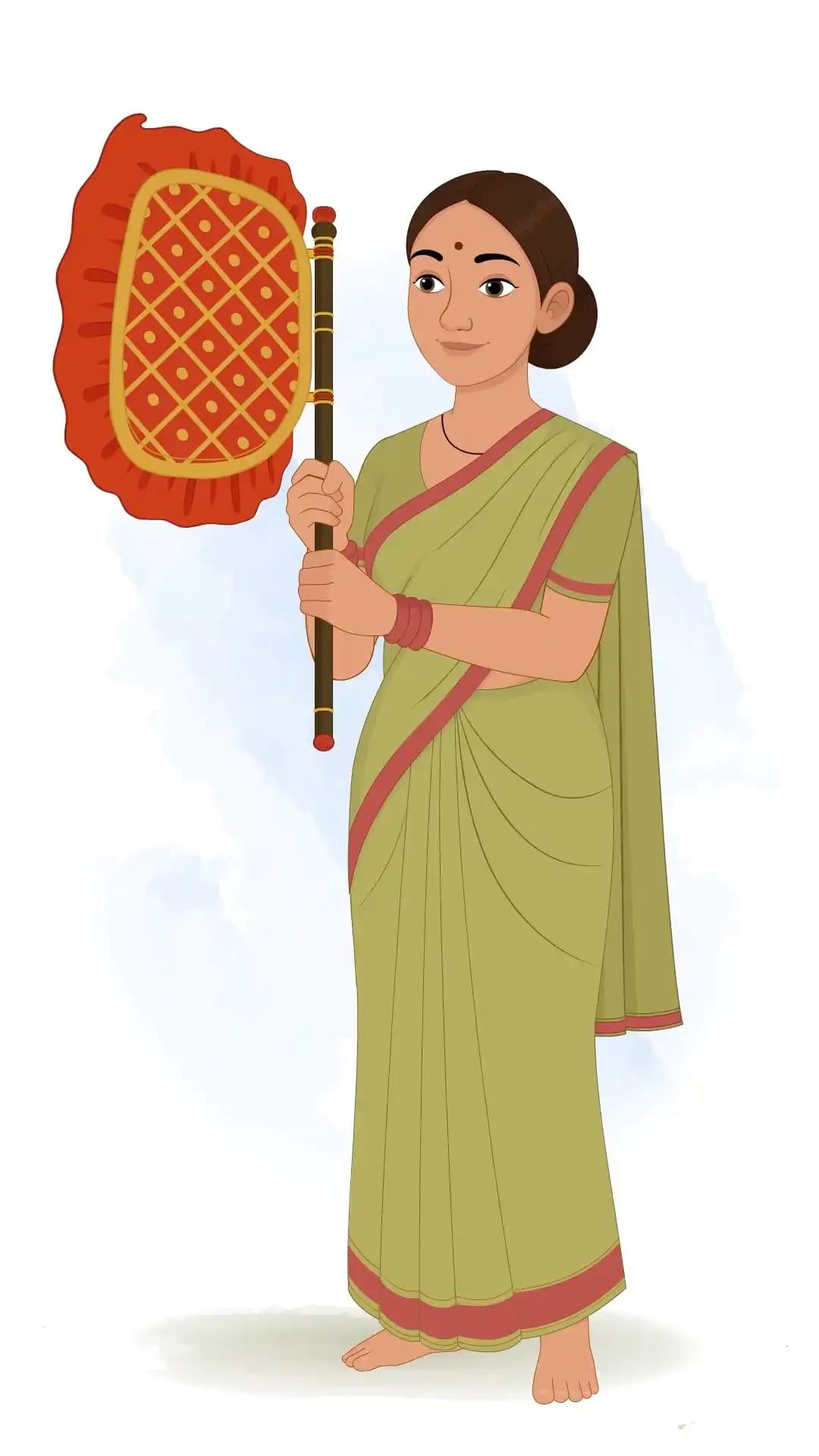 An Indian Palace Maid Fanning with Ornate Fan Animated Vector Cartoon Character AKA Bhagwati