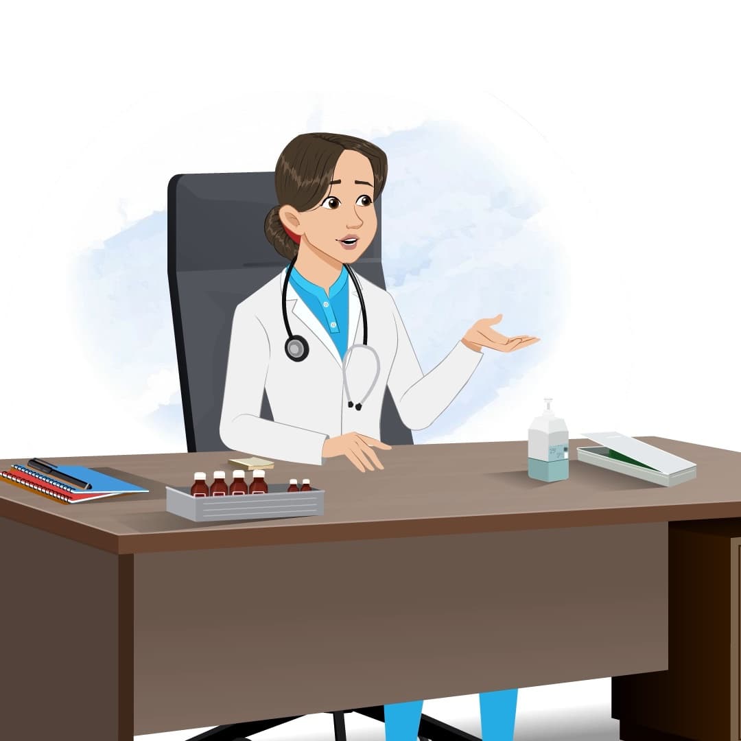 A female radiologist talking to patient in hospital office animated cartoon charactrer aka dr. meeru