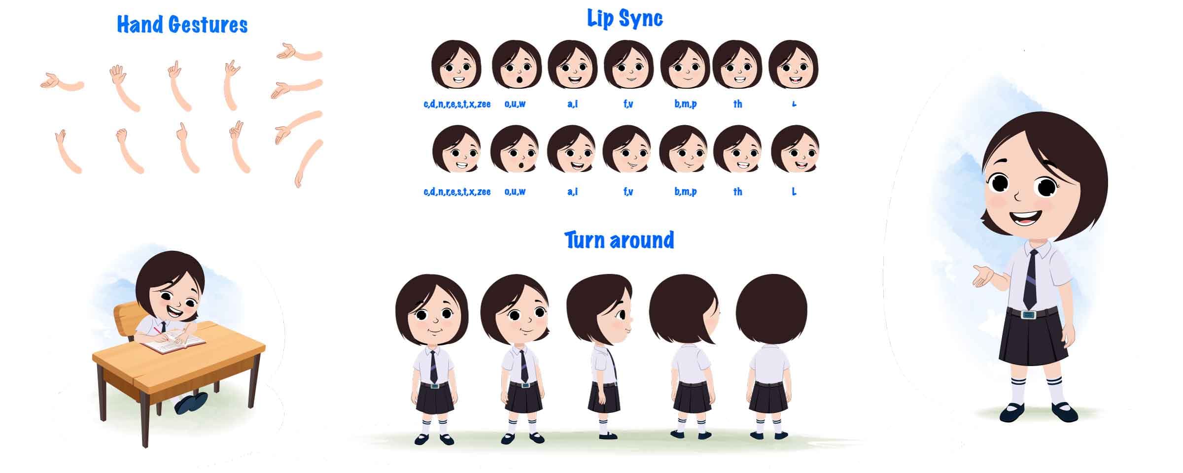 A cute little school girl cartoon character construction/model sheet aka tia