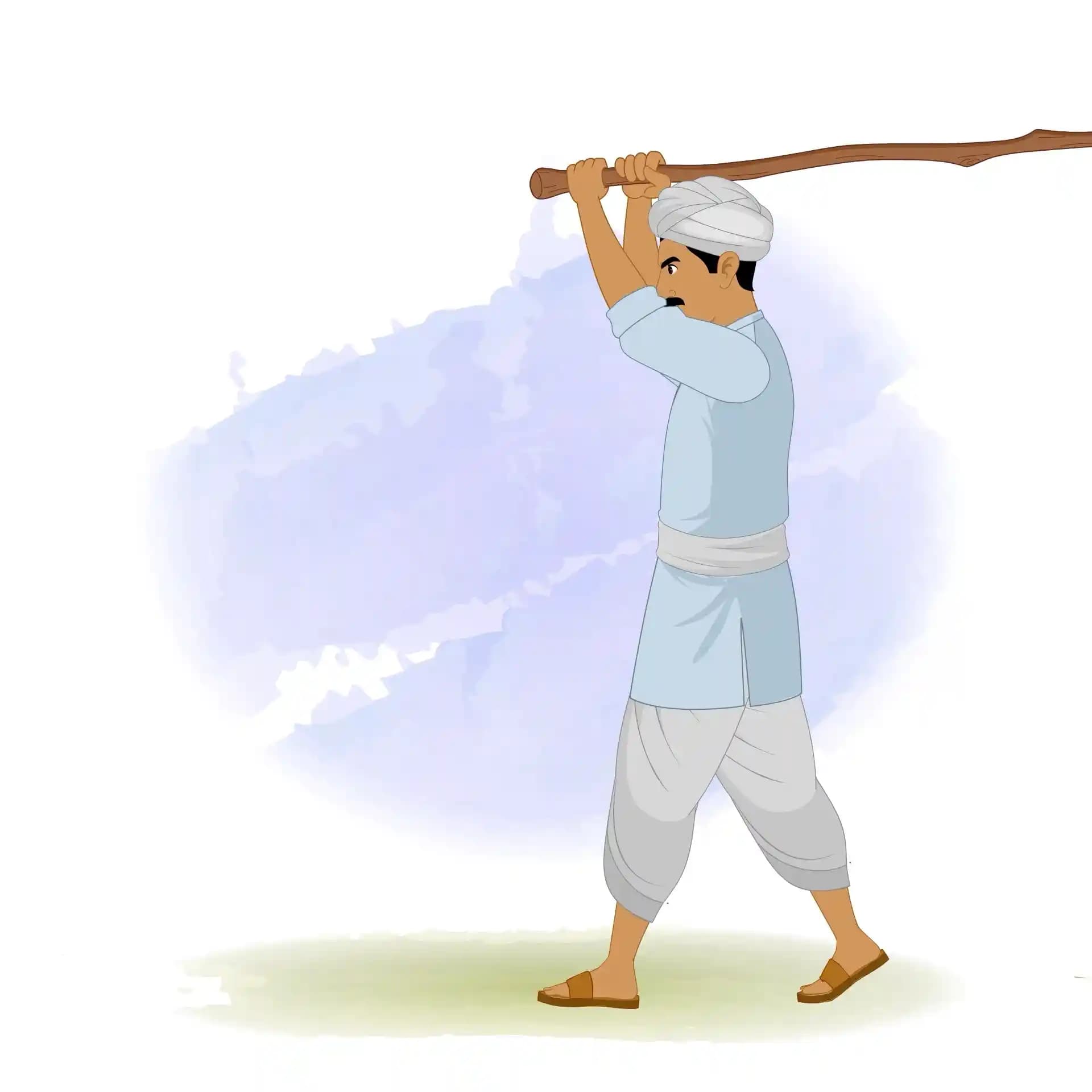 A cartoon-style Indian Farmer swings a long wooden danda (stick) over his head in a dynamic side-view pose against a soft watercolor background AKA Mohan