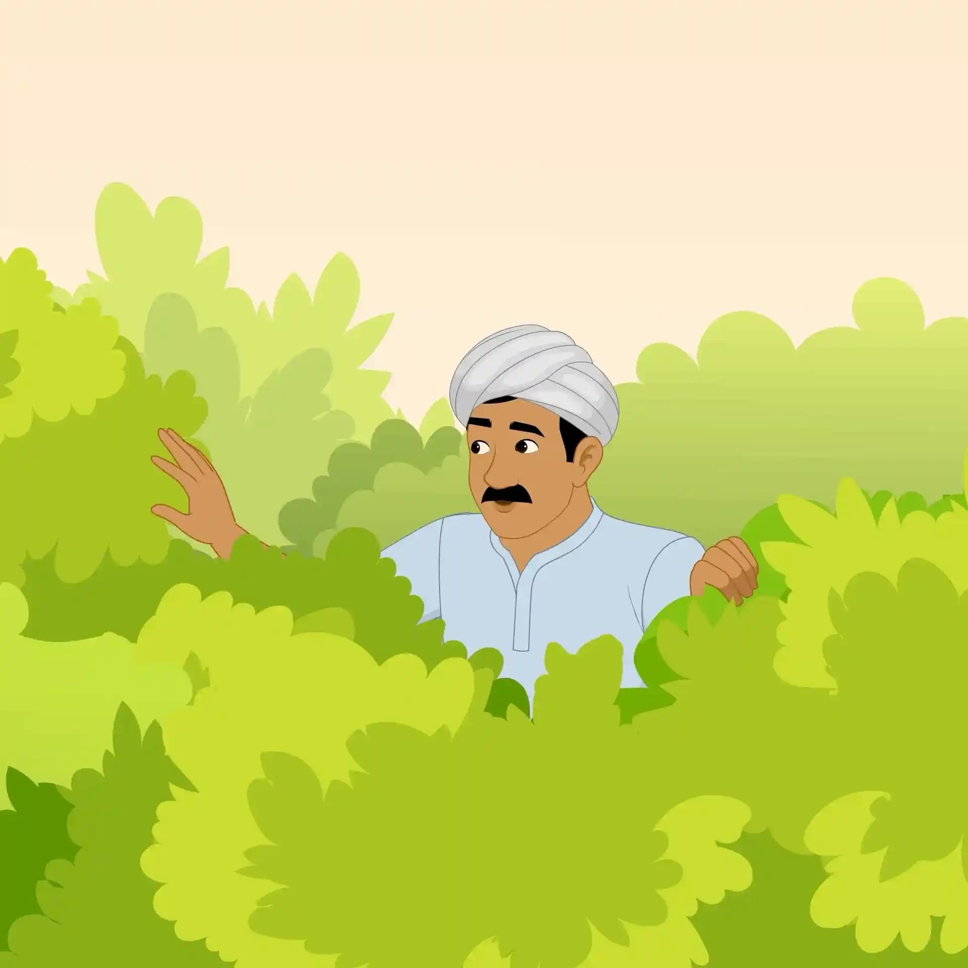 A Young Indian Village Man in traditional dhoti and turban hides behind a large tree, peeking around it with a cautious expression amid dense jungle foliage AKA Mohan