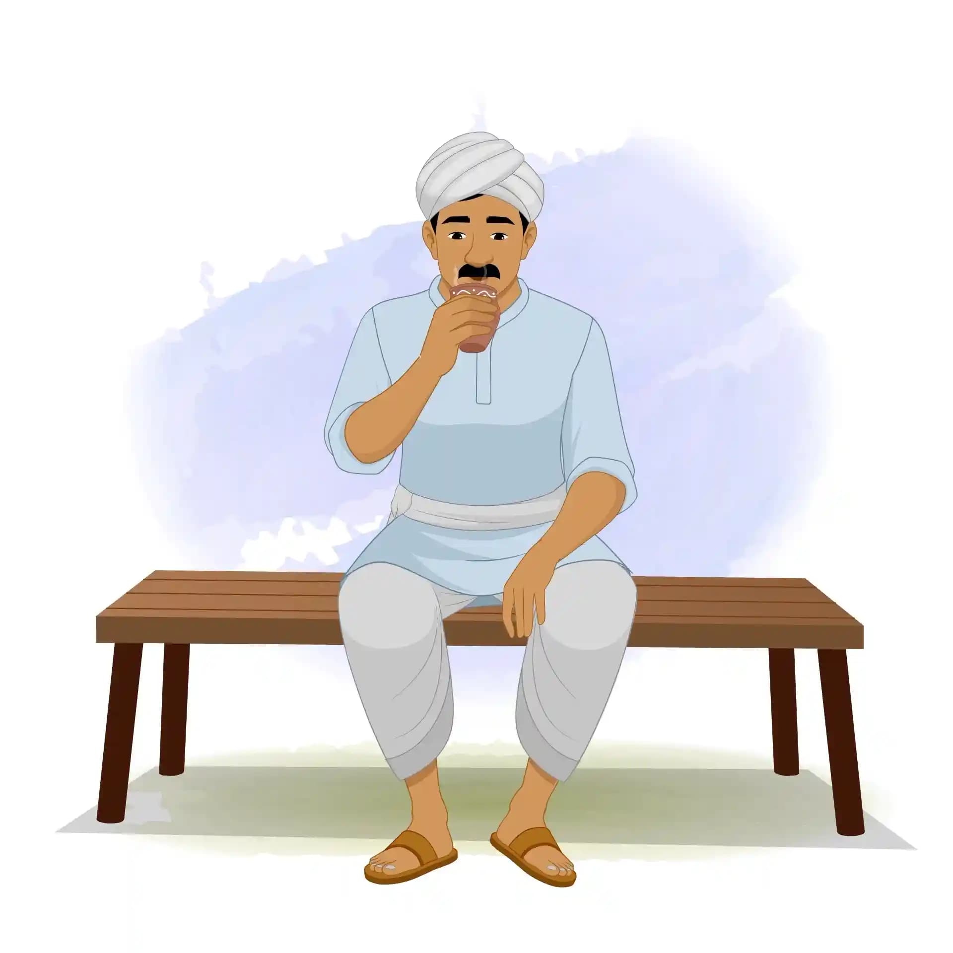 A Young Indian Village Man sits on a wooden bench, sipping hot tea from a traditional clay kulhad, wearing a turban and dhoti AKA Mohan