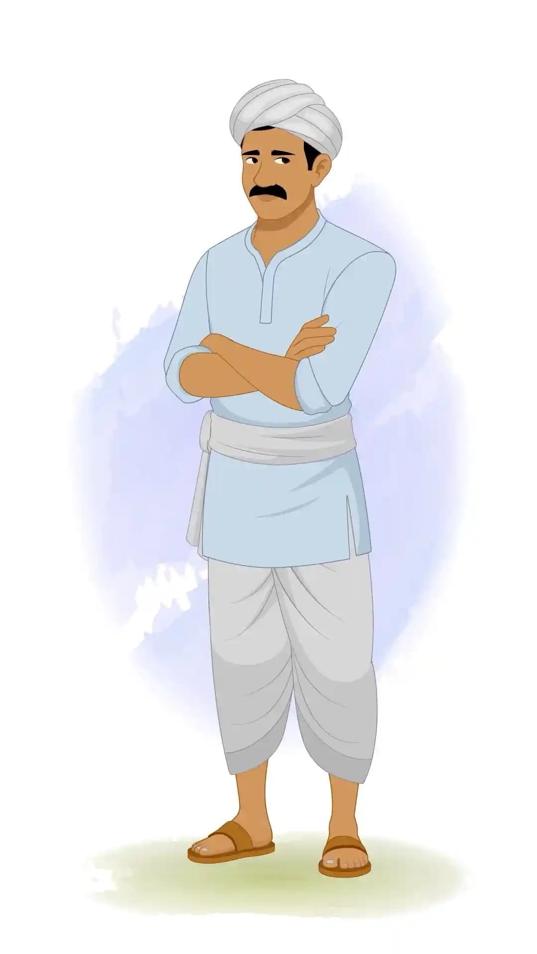 A one‑third view of a cartoon Young Indian Village Man with arms crossed and a displeased, annoyed expression, ready for 2D rigged animation AKA Mohan