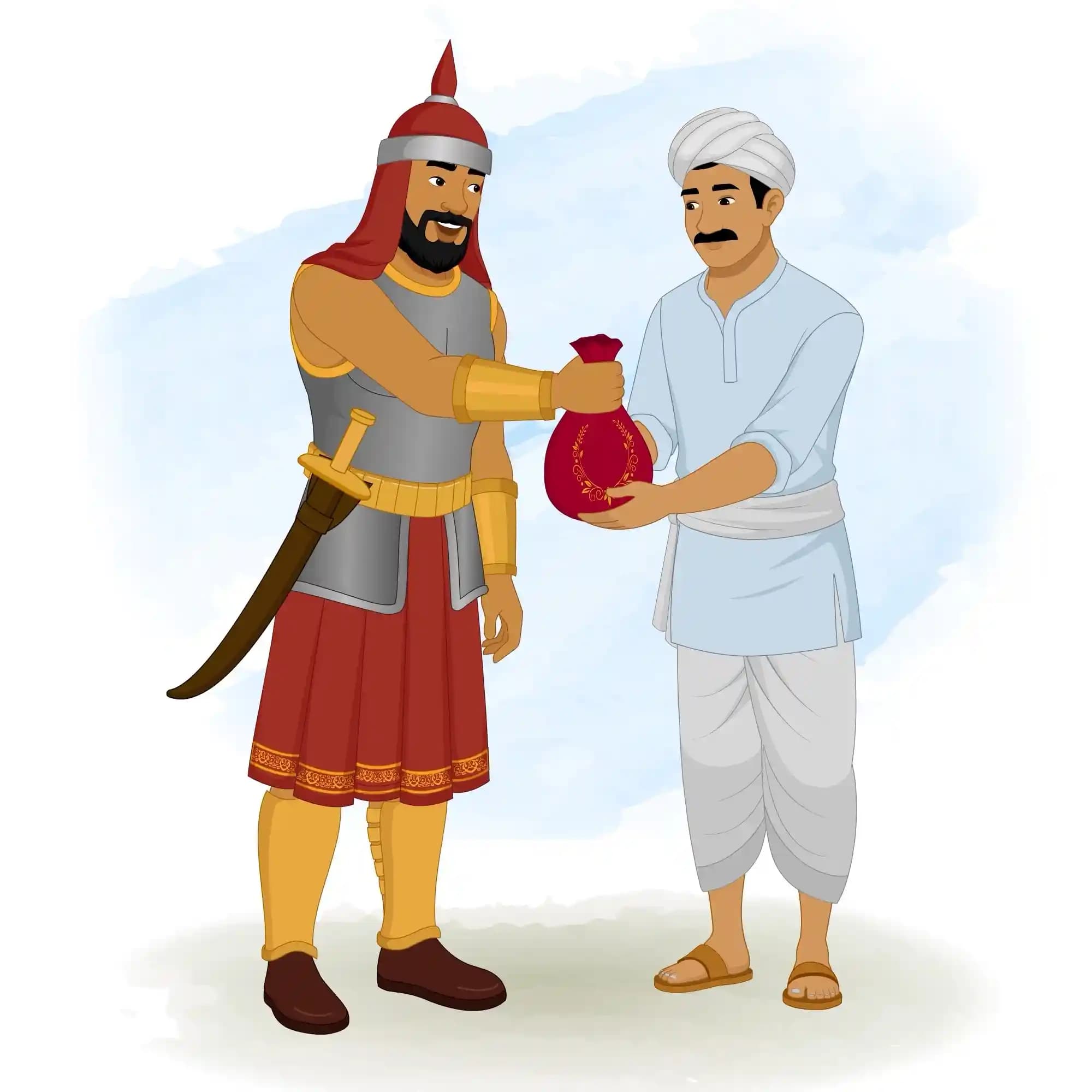 A cunning Young Indian Village Man in traditional dhoti and turban gratefully receives a heavy red potli of gold coins from a smiling medieval soldier, illustrated in vibrant 2D cartoon style AKA Mohan