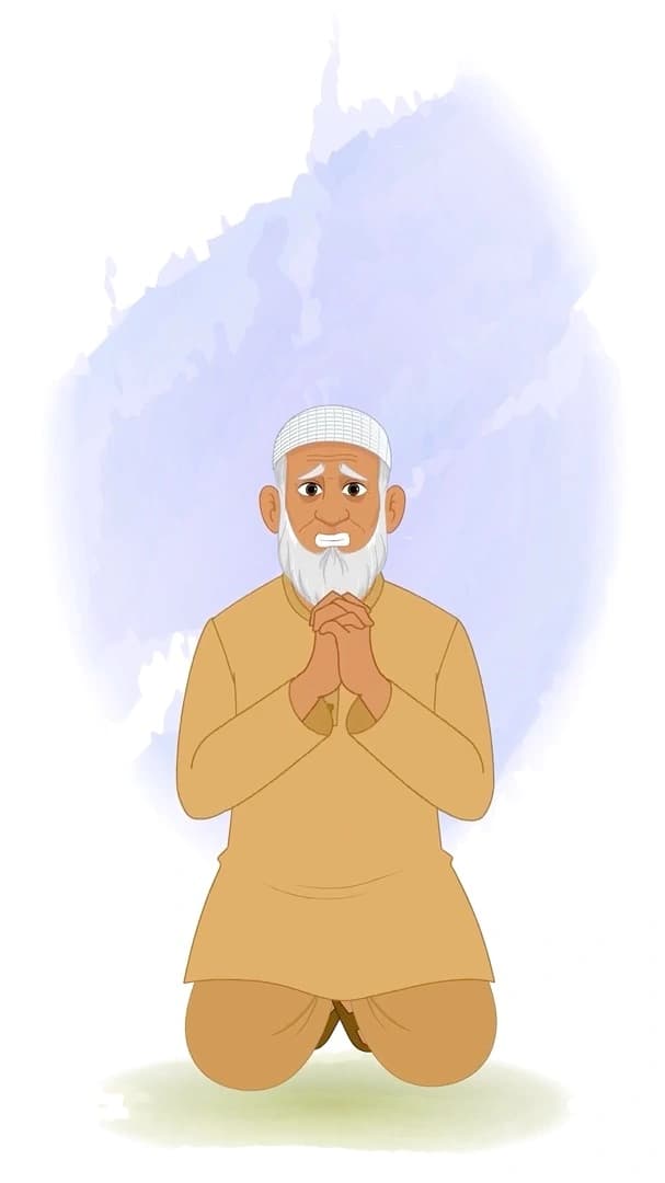 An elderly Muslim man kneeling with folded hands animated vector cartoon character AKA Abdul Chacha