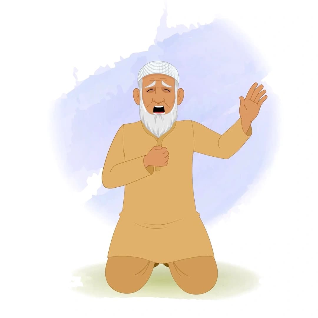 An elderly Muslim man kneeling and beating his chest animated vector cartoon character AKA Abdul Chacha