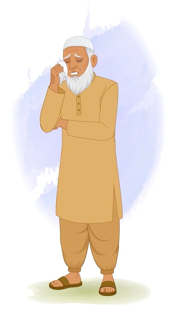 An elderly Muslim man crying animated vector cartoon character AKA Abdul Chacha