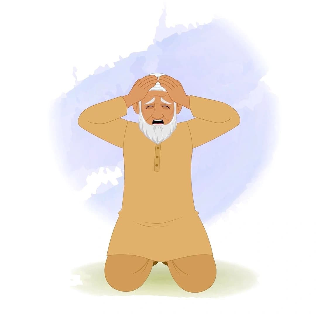 An elderly Muslim man kneeling with hands on head animated vector cartoon character AKA Abdul Chacha