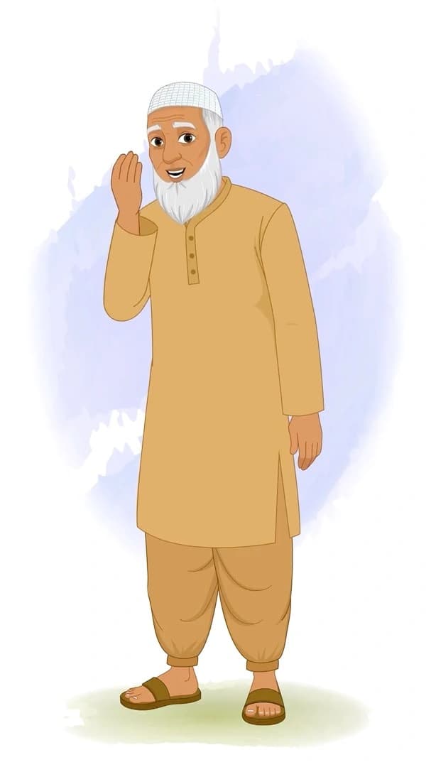 An old muslim man doing adab animated vector cartoon character AKA Abdul Chacha