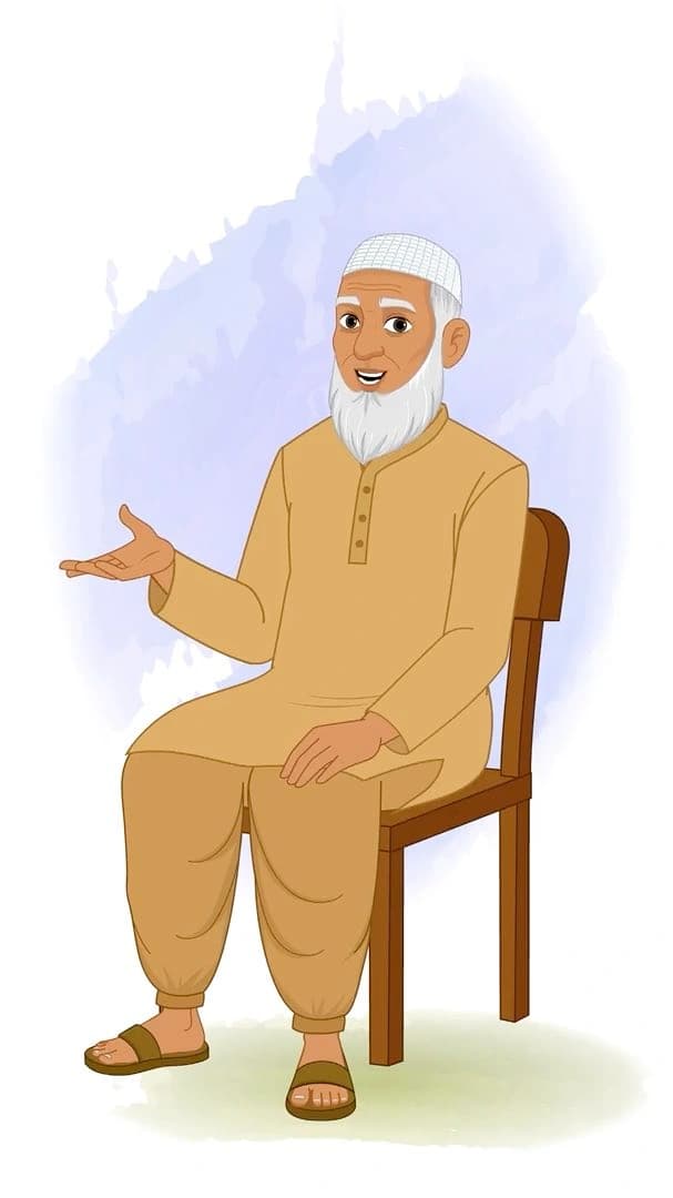 An old muslim man talking while sitting on chair animated vector cartoon character AKA Abdul Chacha