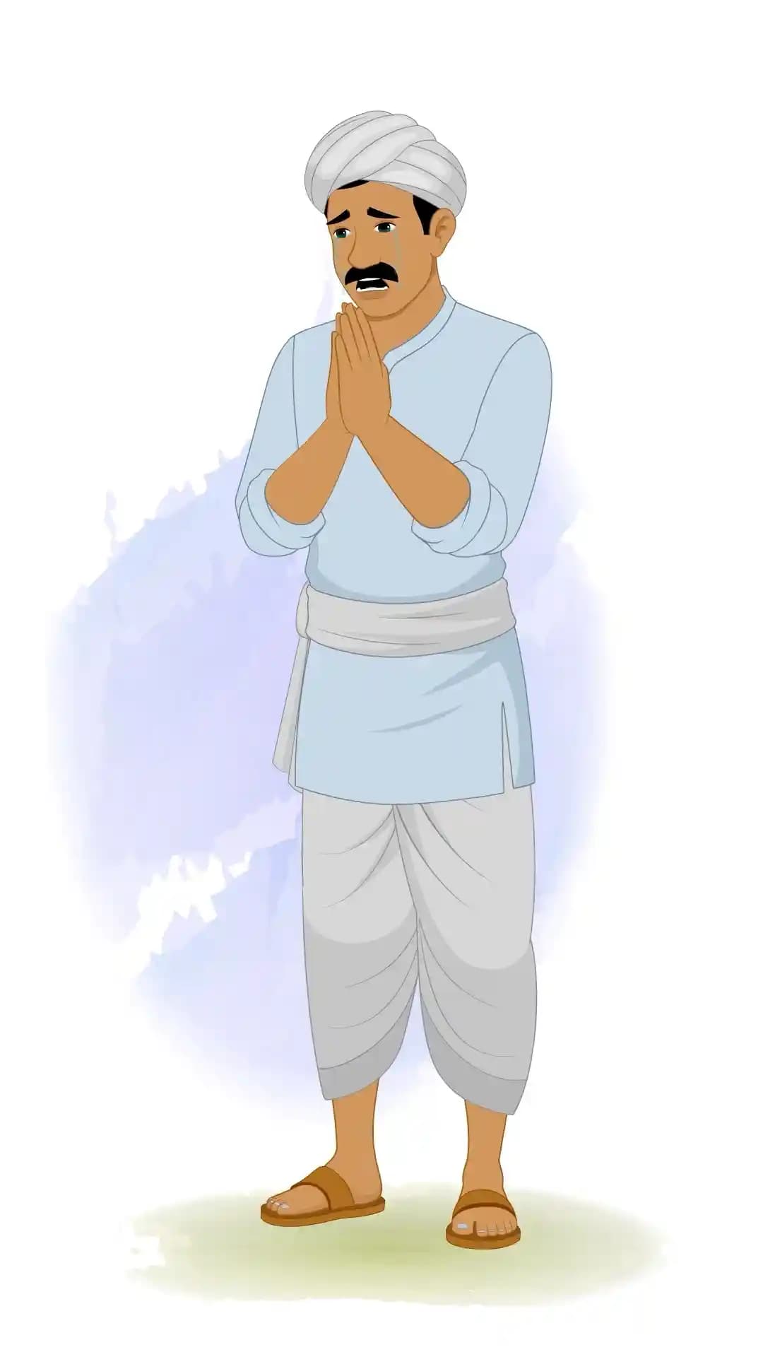 A palace guard in traditional attire stands with hands folded in a pleading gesture, tears streaming down his face in a heartfelt expression AKA Mohan