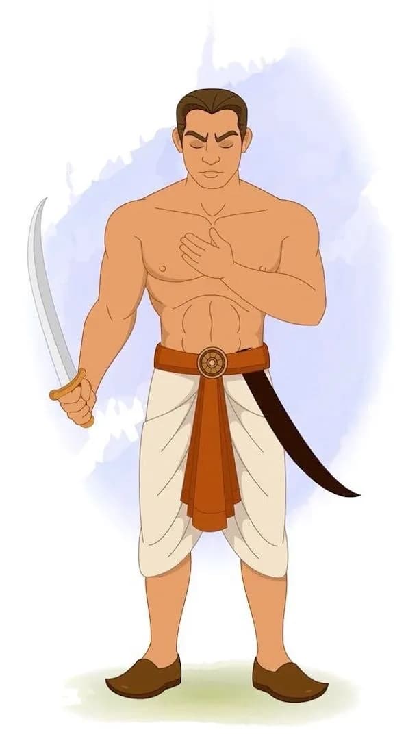 A muscular Indian warrior bowing with a sword animated vector cartoon character AKA Shoorsen