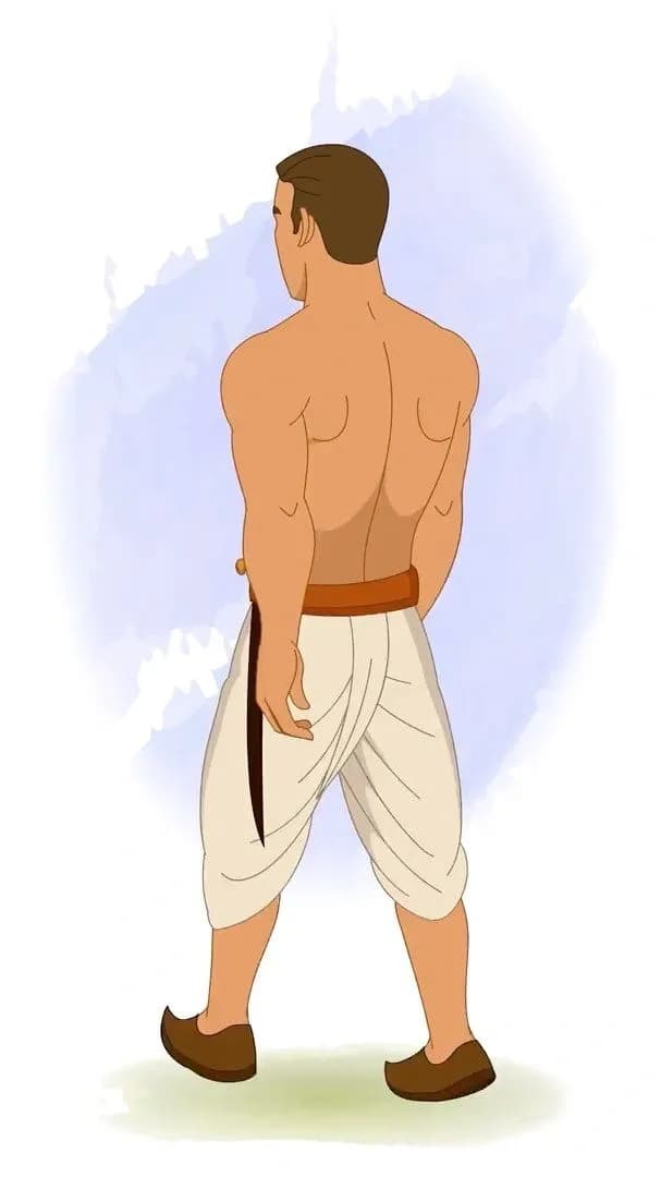 A muscular Indian walking in back third view warrior animated vector cartoon character AKA Shoorsen