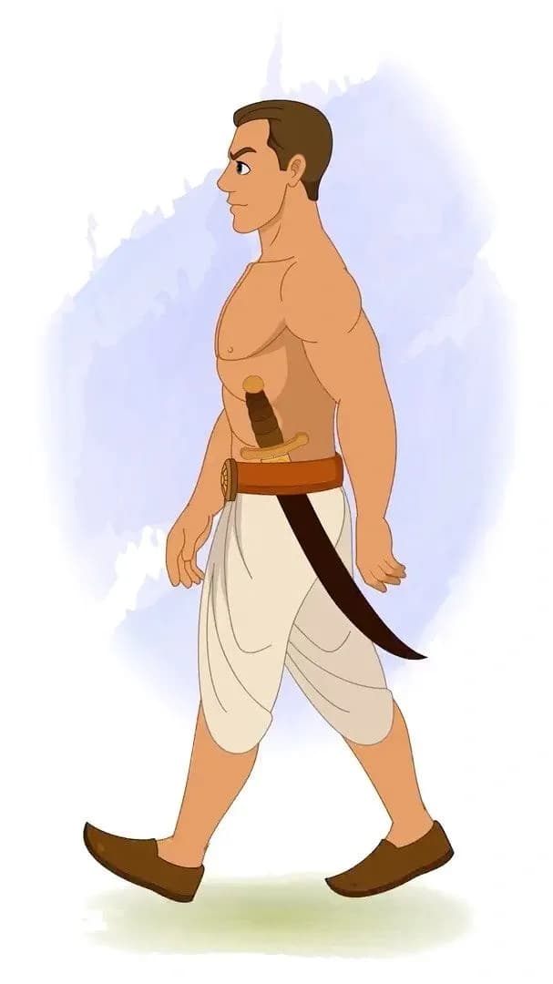 A muscular Indian side walking warrior animated vector cartoon character AKA Shoorsen